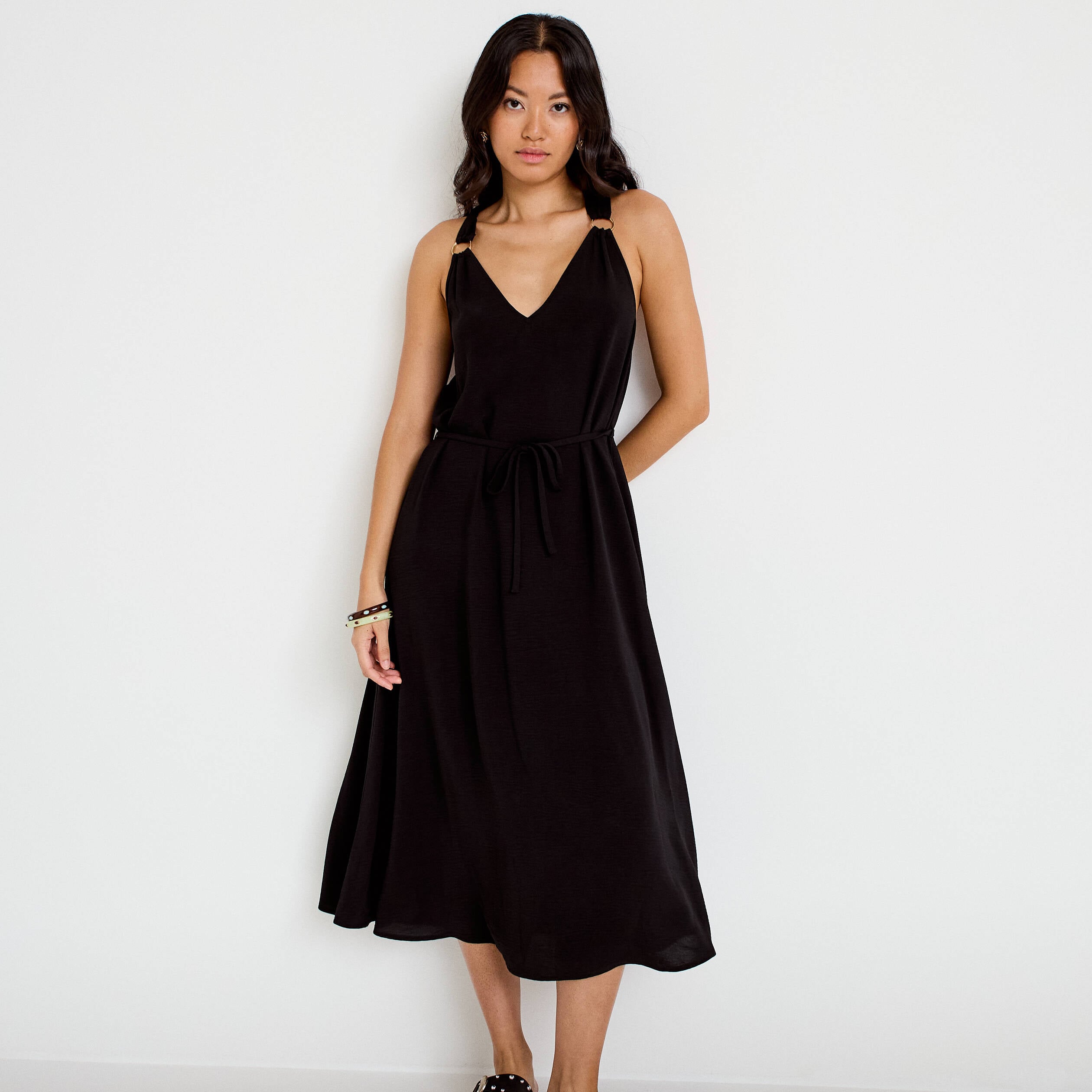 Robe longue droite col v bretelles fines noir femme