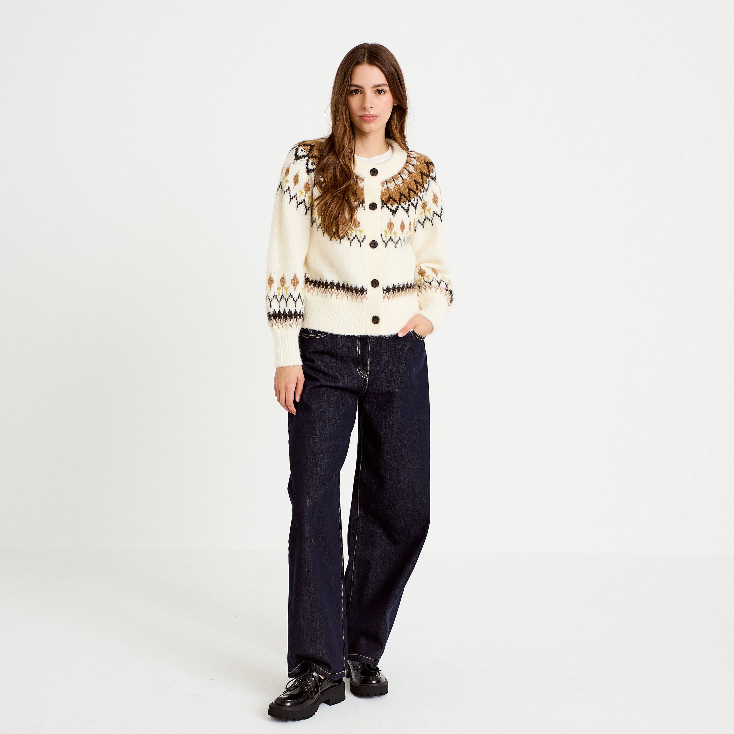 Gilet col rond manches longues ivoire femme