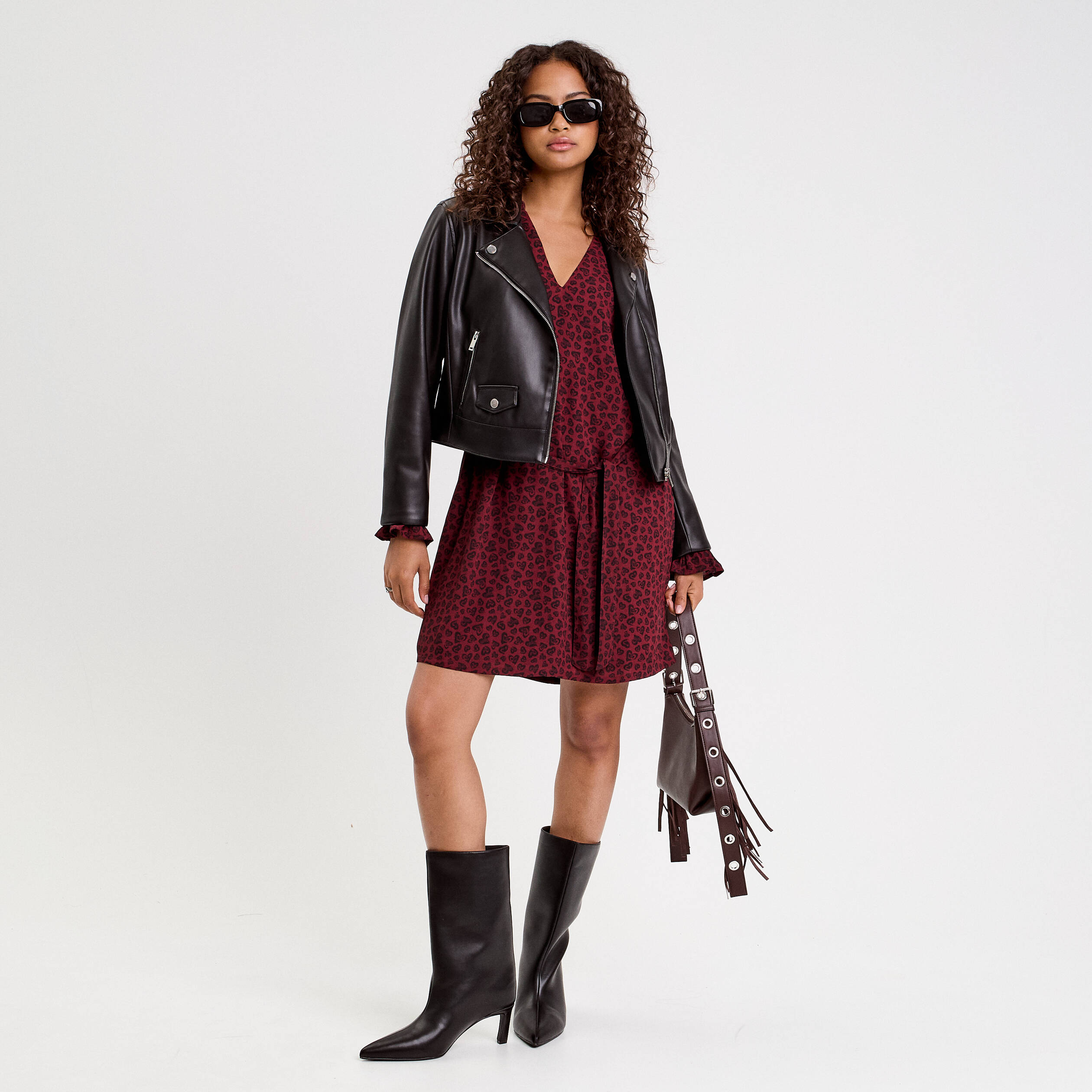 Robe droite ceintur&eacute;e rouge fonc&eacute; femme