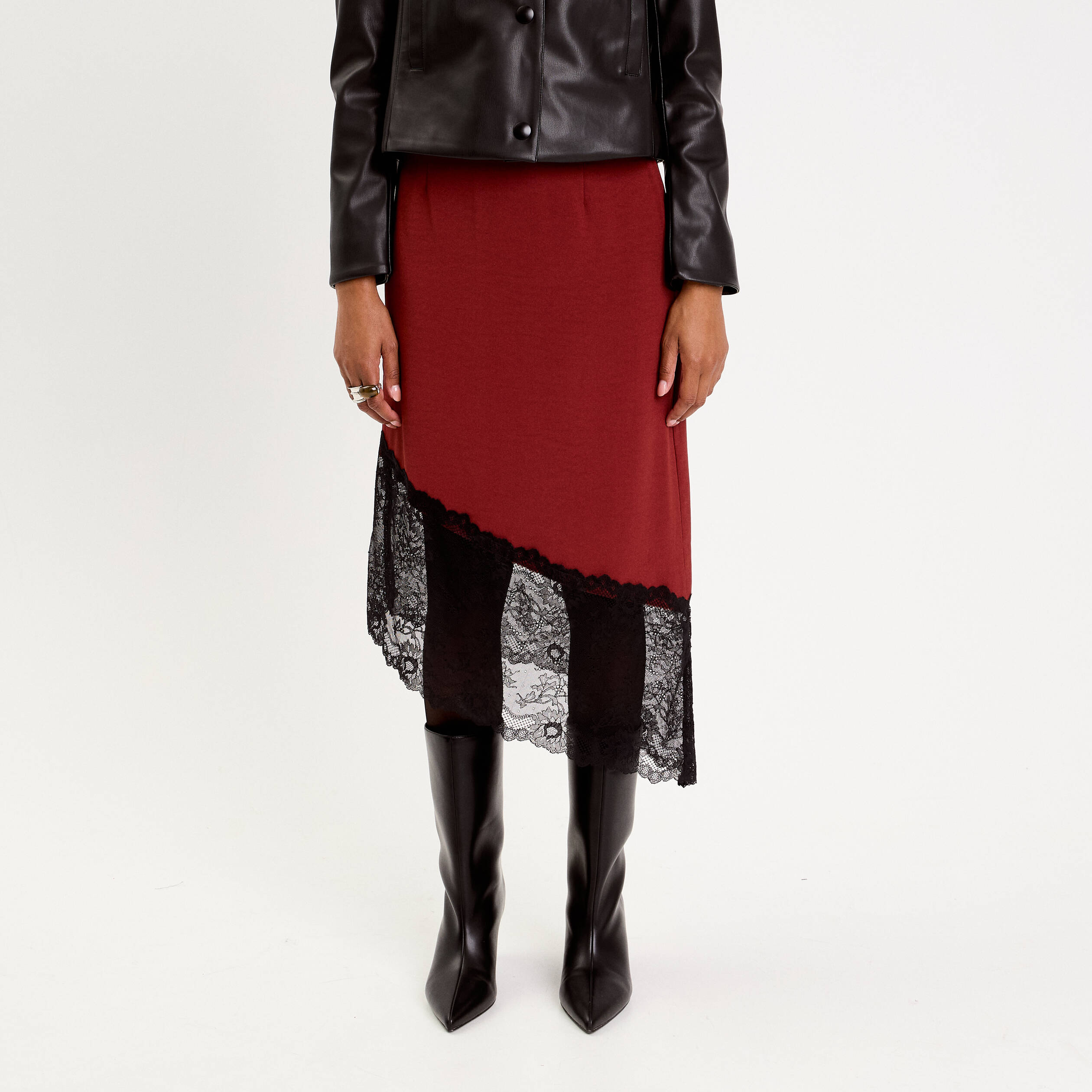 Jupe longue satinée détail dentelle orange foncé femme Vibs