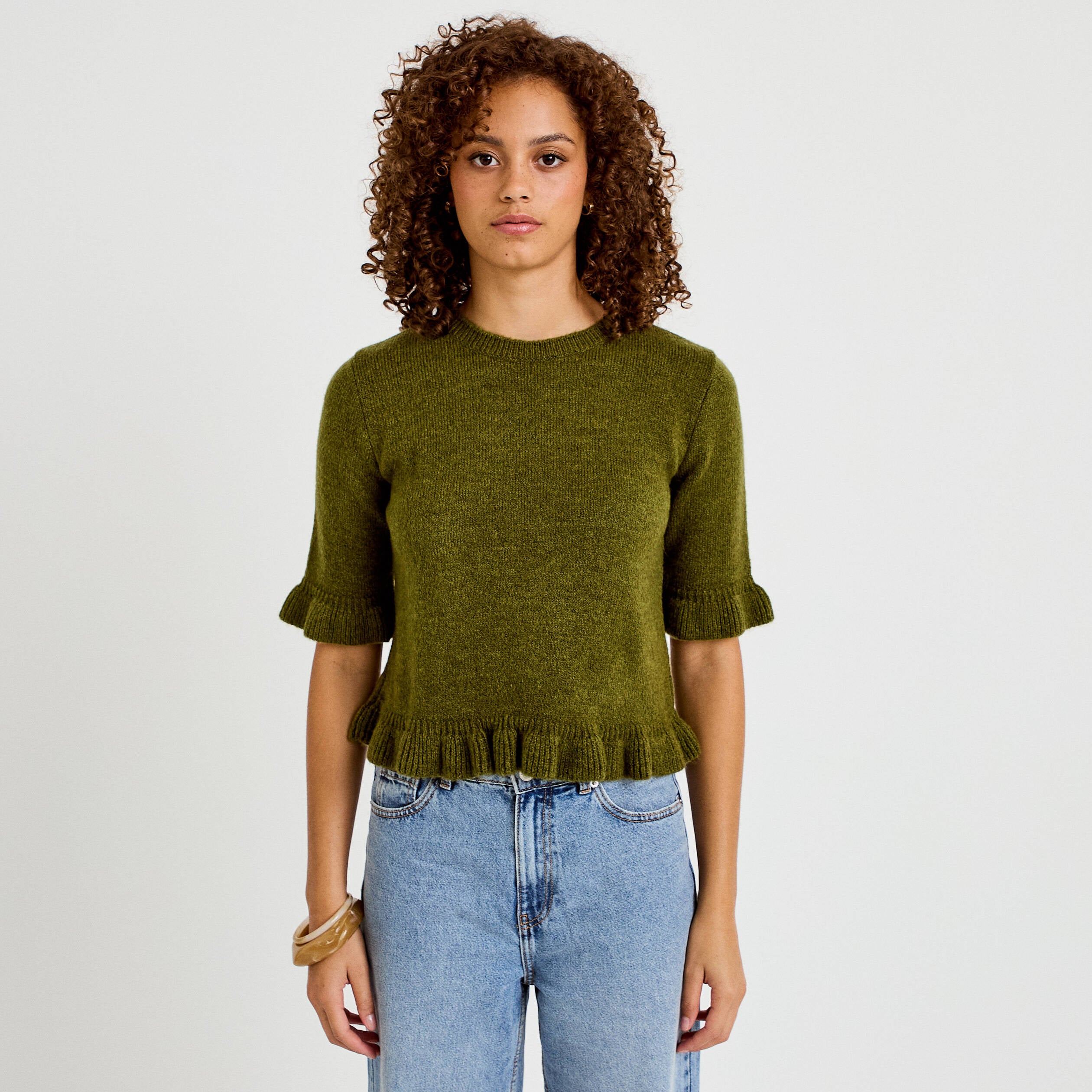 Pull col rond manches courtes vert fonc&eacute; femme