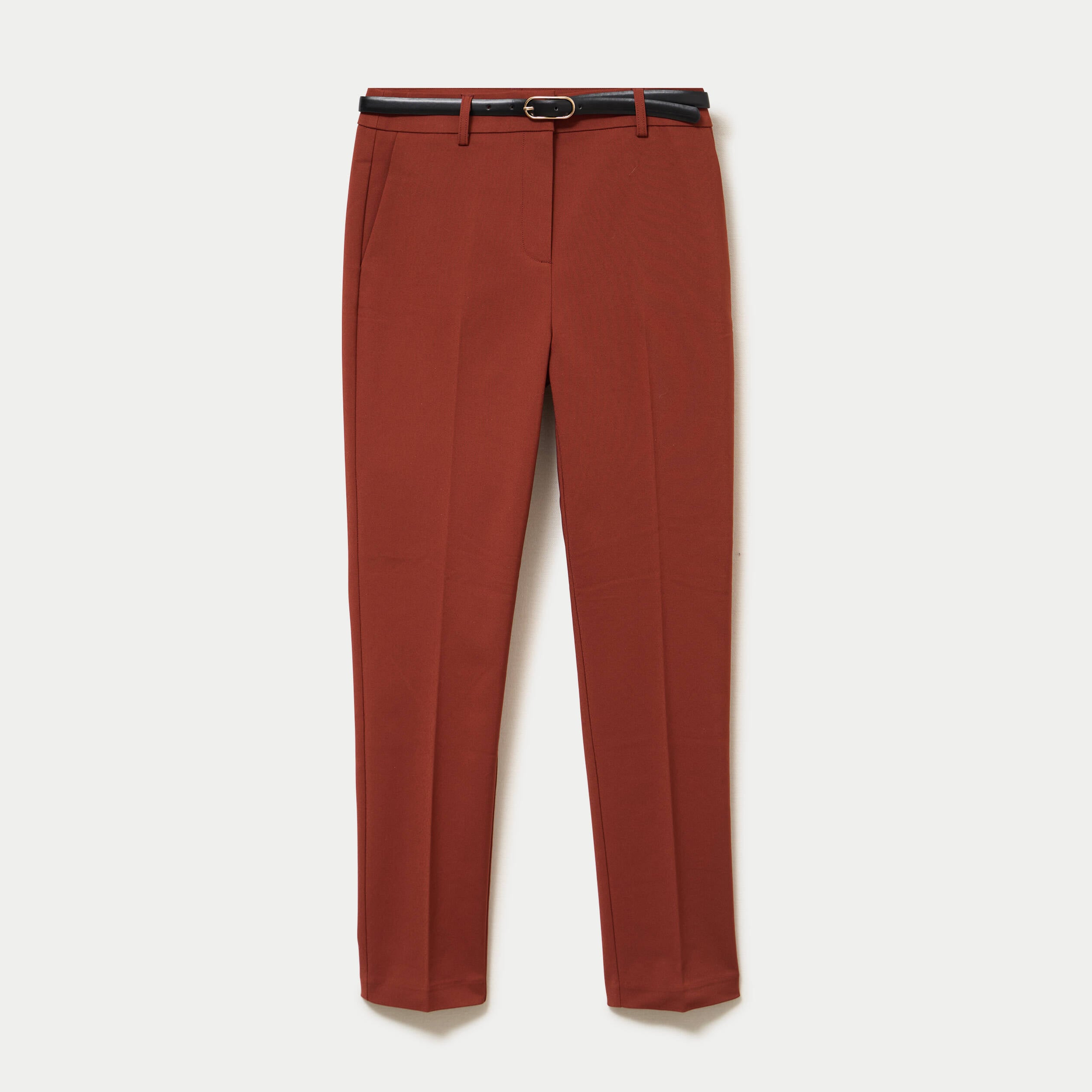 Pantalon cigarette ceintur&eacute; marron cognac femme