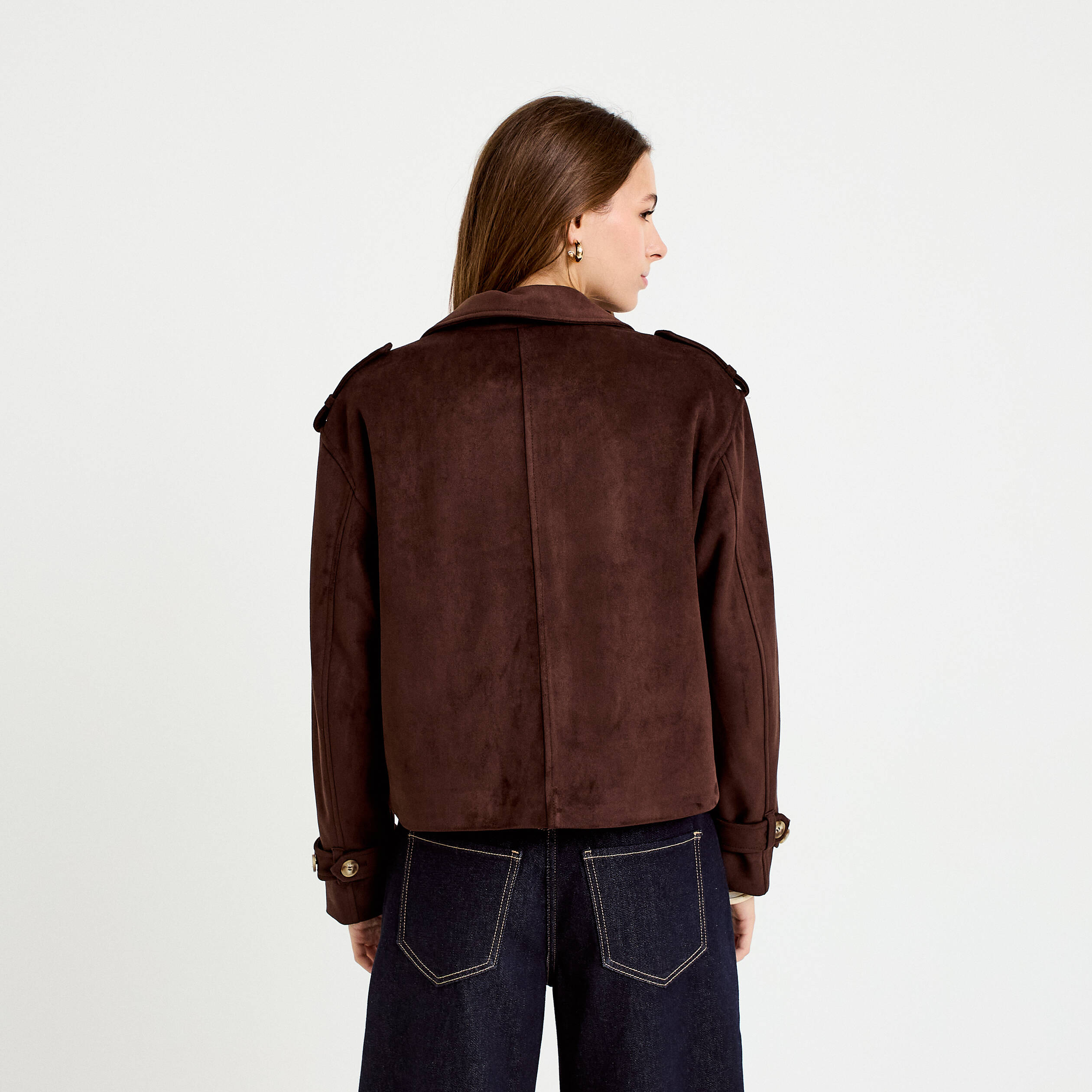 Trench droit manches longues aspect daim marron chocolat femme