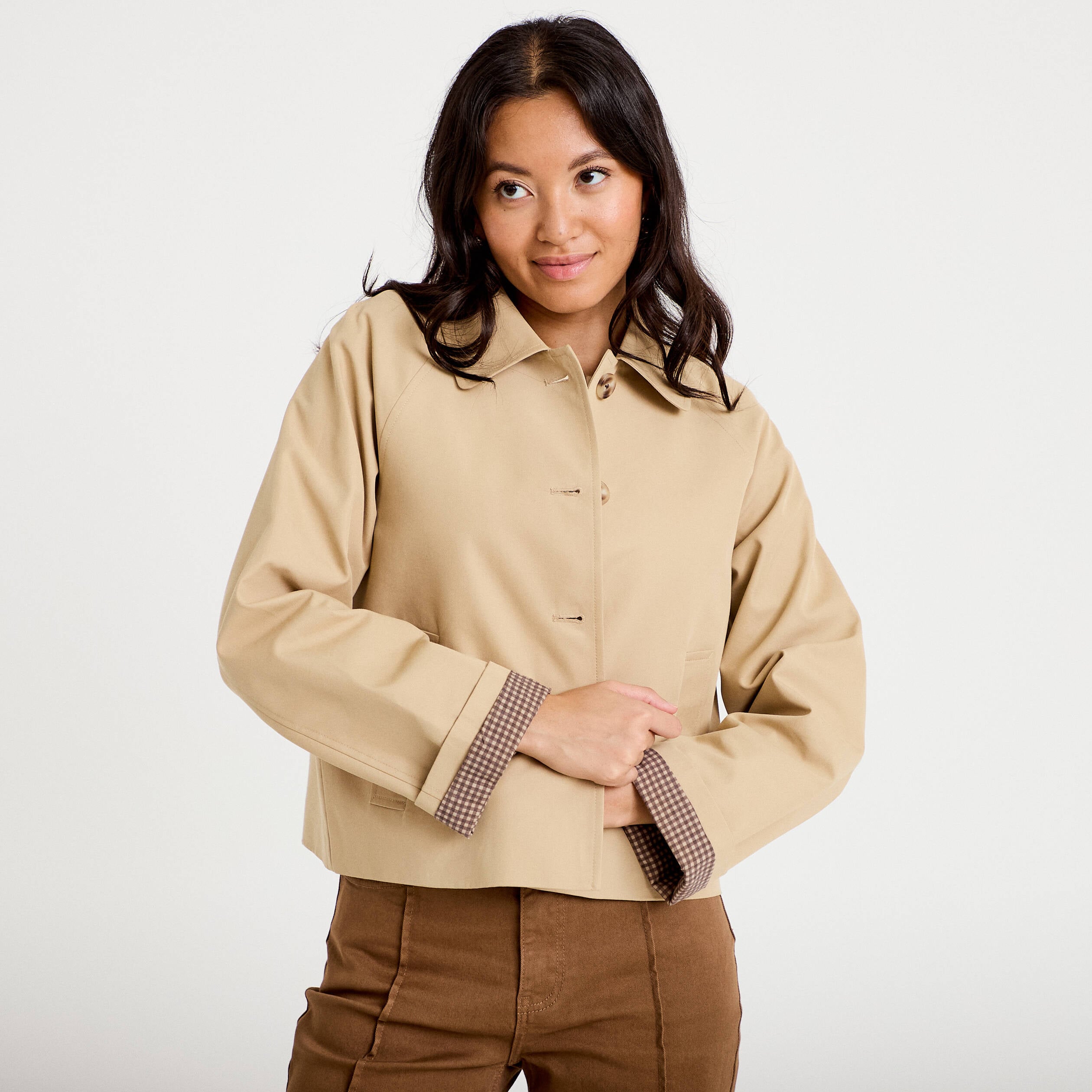 Veste courte boutonn&eacute;e doublure vichy beige femme
