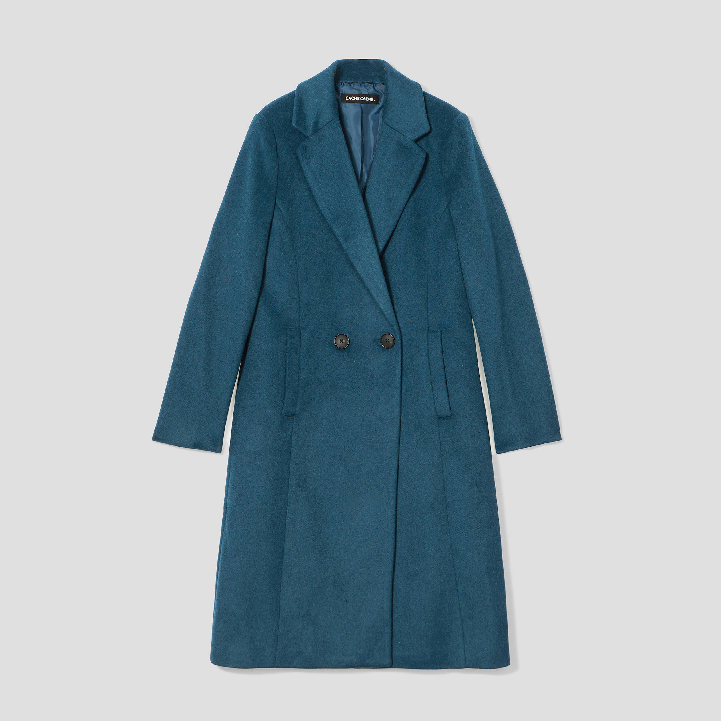 Manteau cintré boutonné vert canard femme