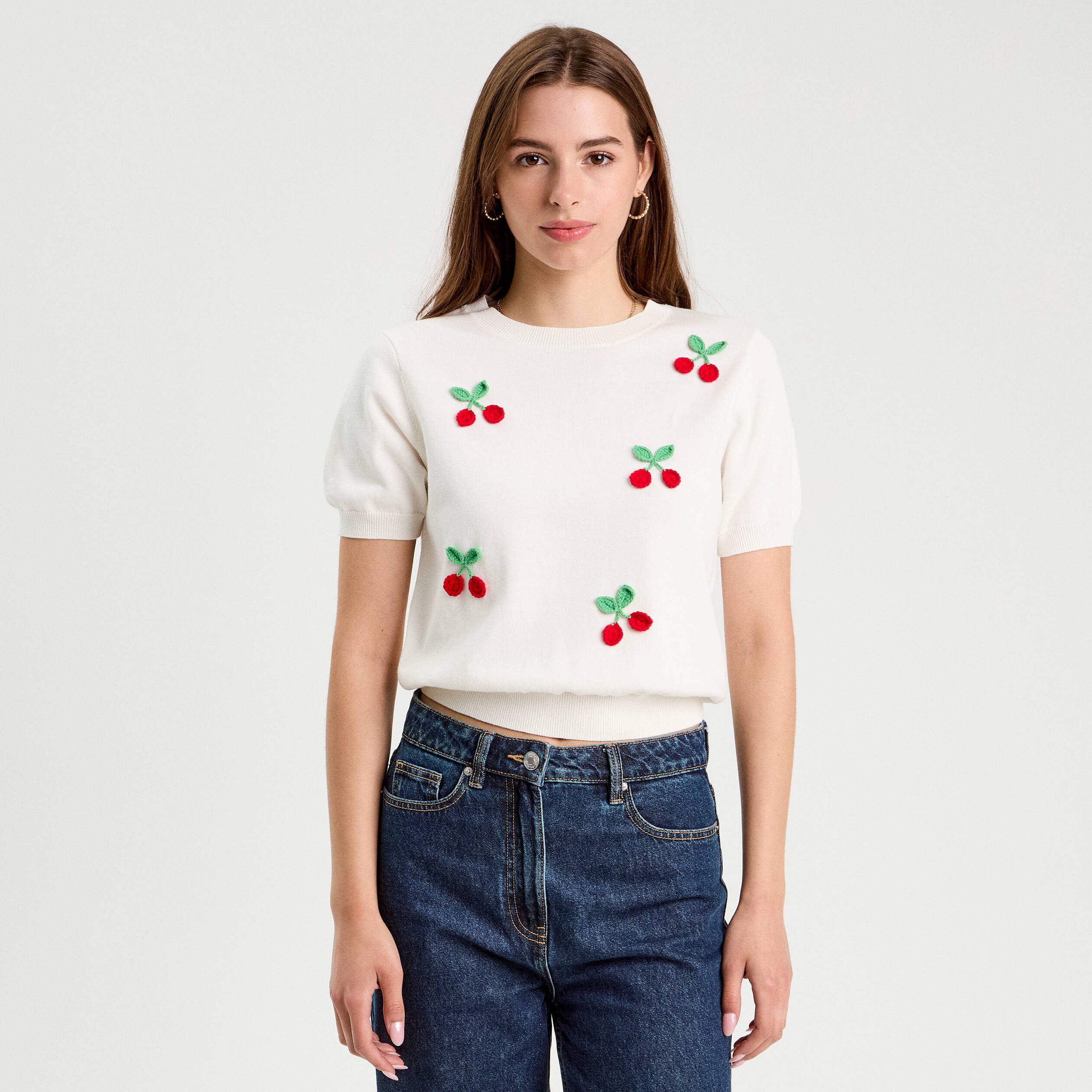 Pull manches courtes patchs ecru femme