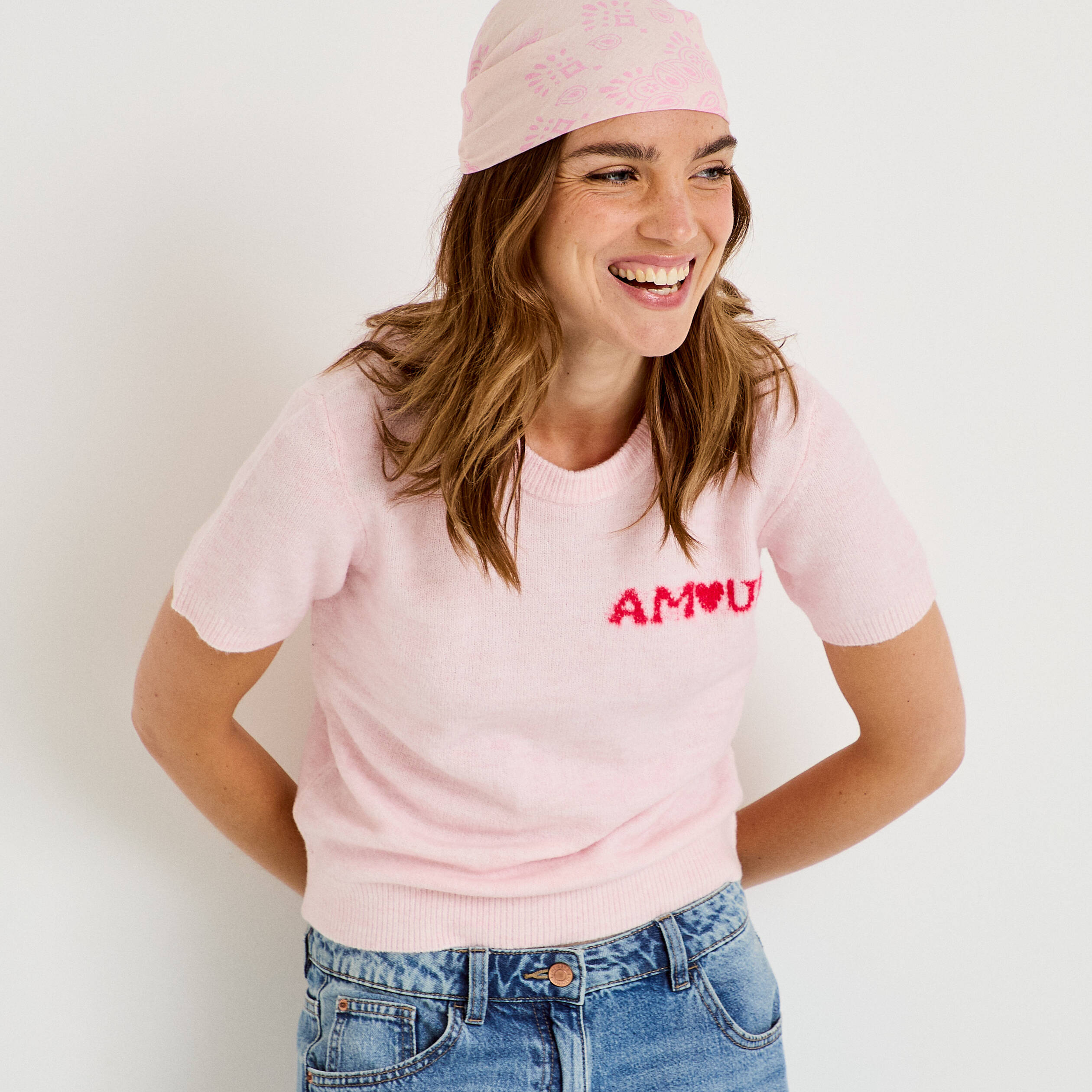 Pull ample manches courtes rose clair femme