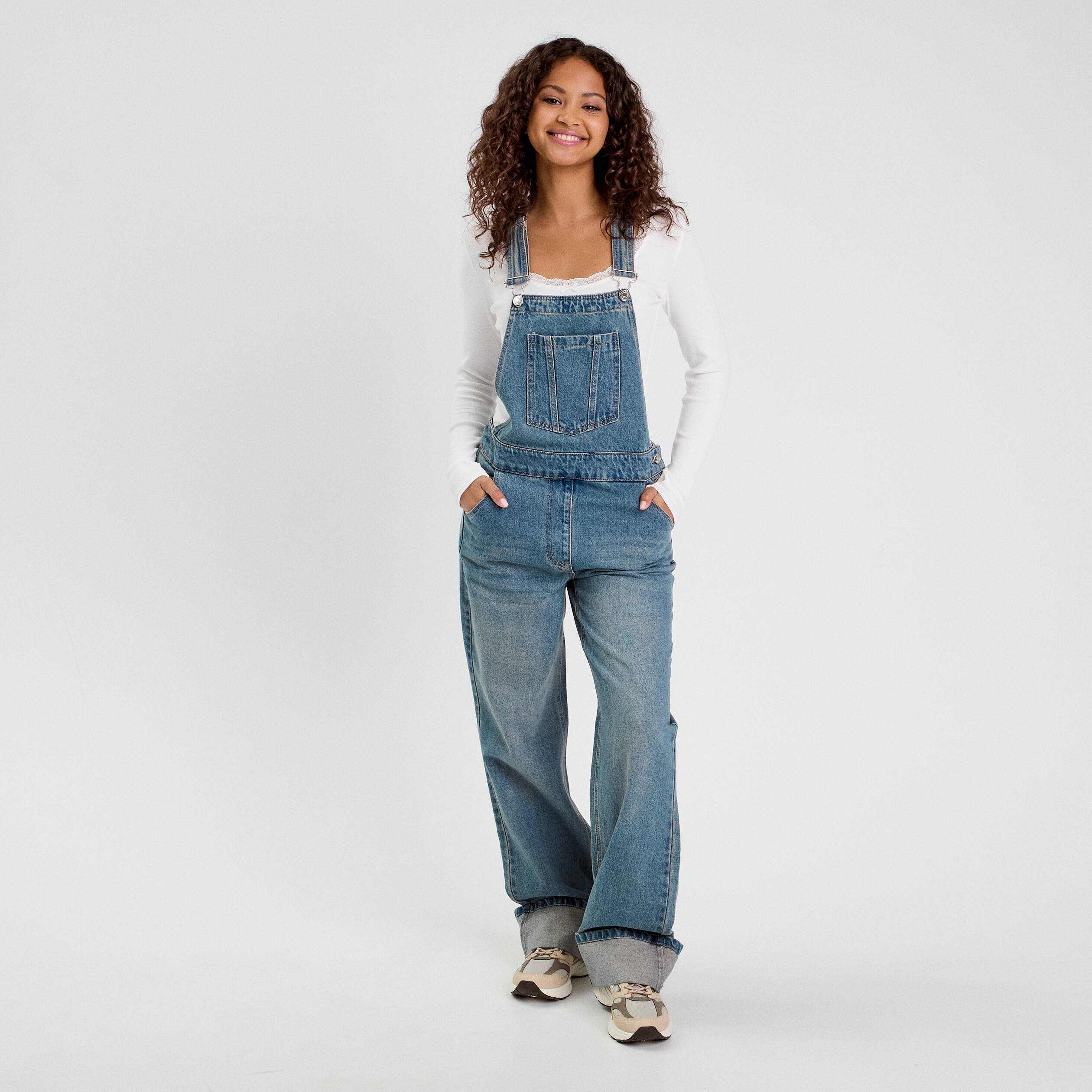 Salopette large en jean denim double stone femme