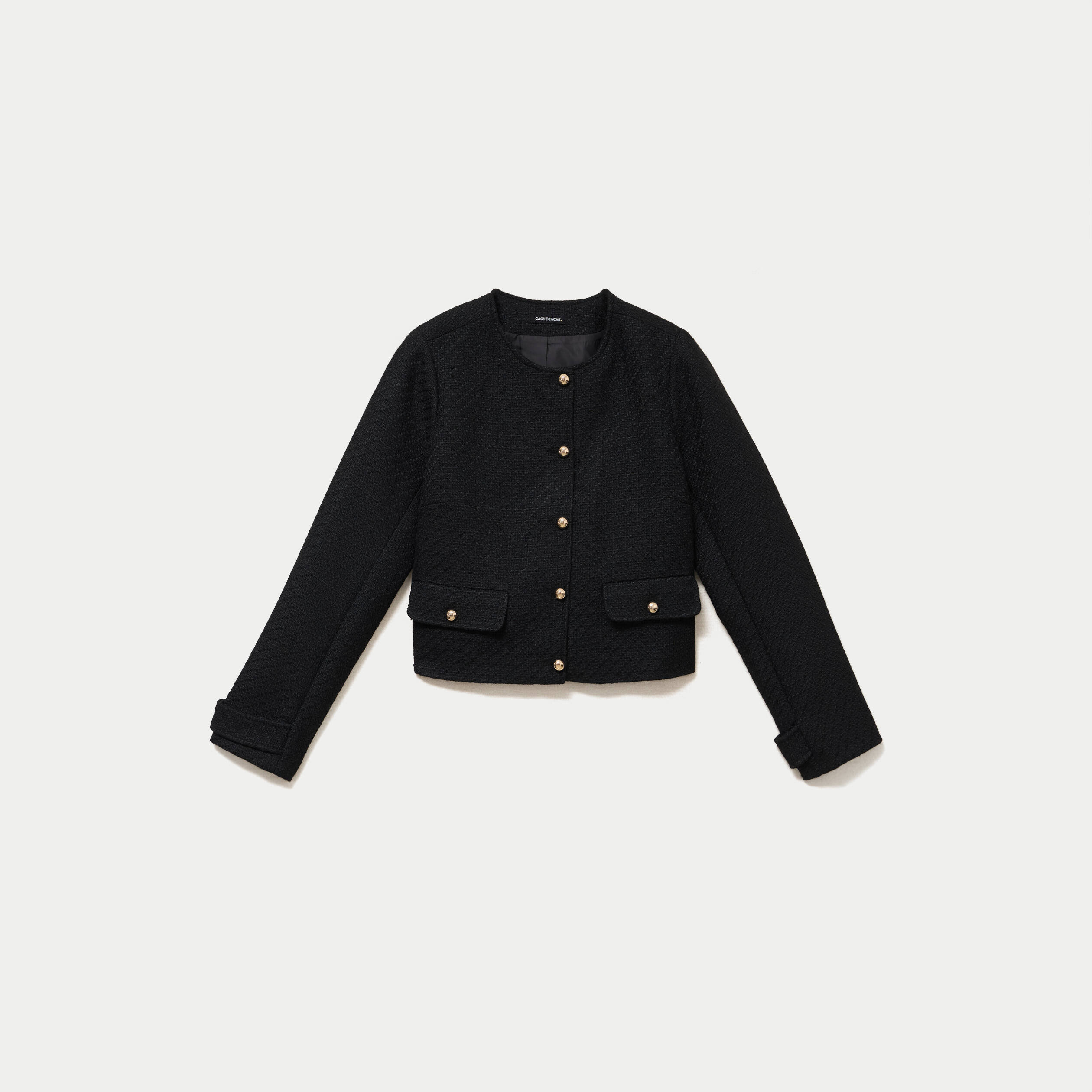 Veste tweed cintr&eacute;e cropped col mao noir femme