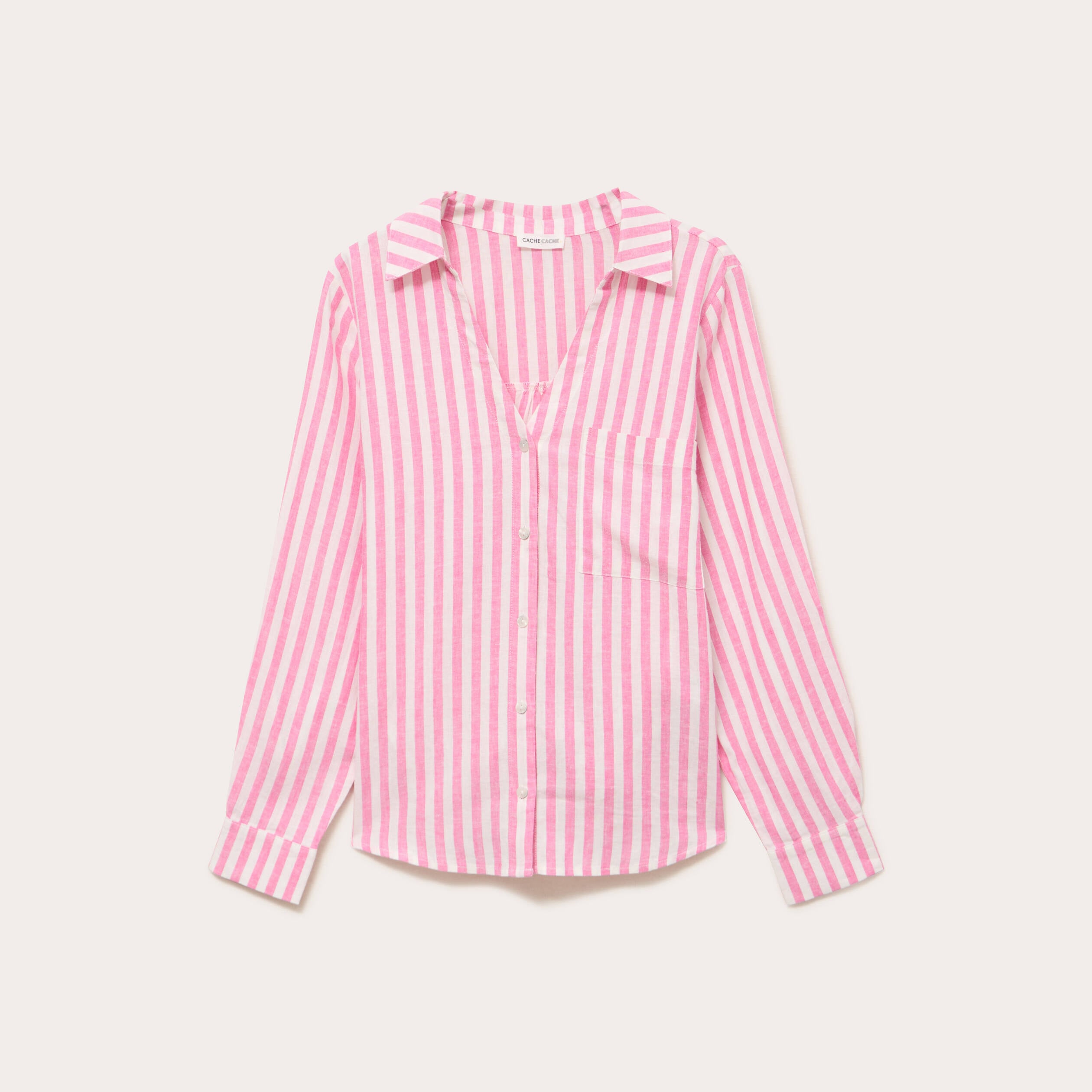Chemise lin col V manches longues rose femme