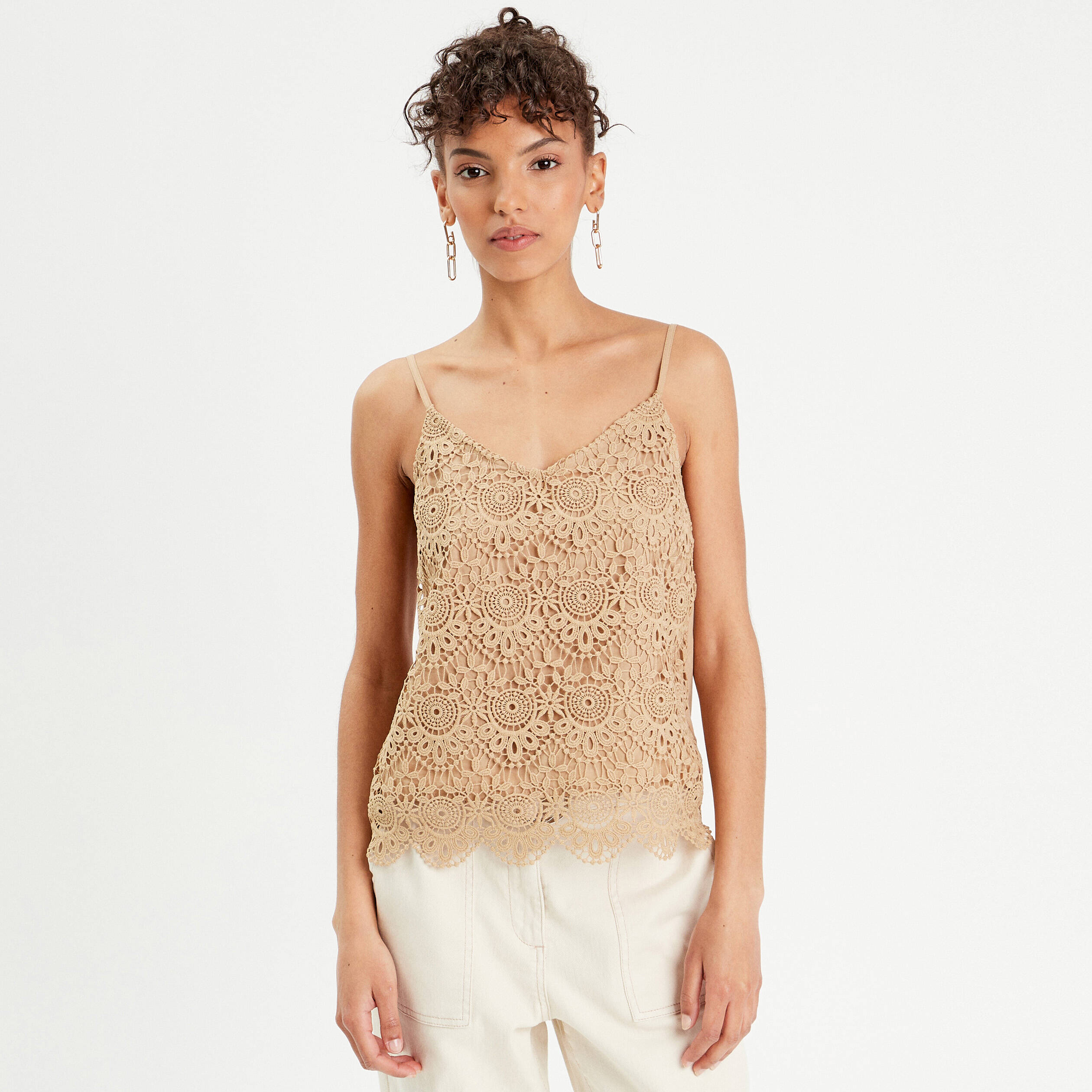 debardeur aspect macrame beige femme Débardeur aspect macramé beige femme