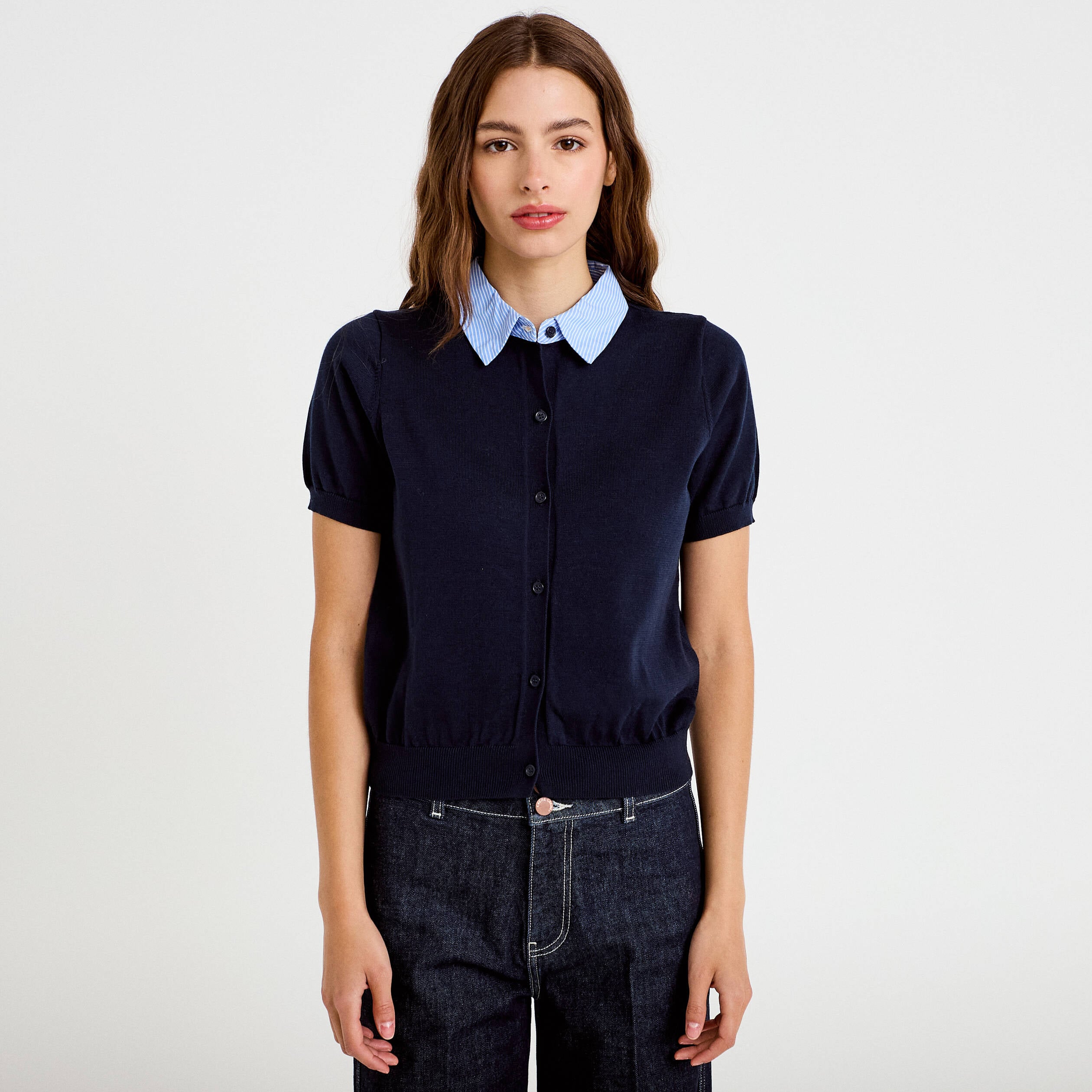 Polo col chemise manches courtes bleu marine femme