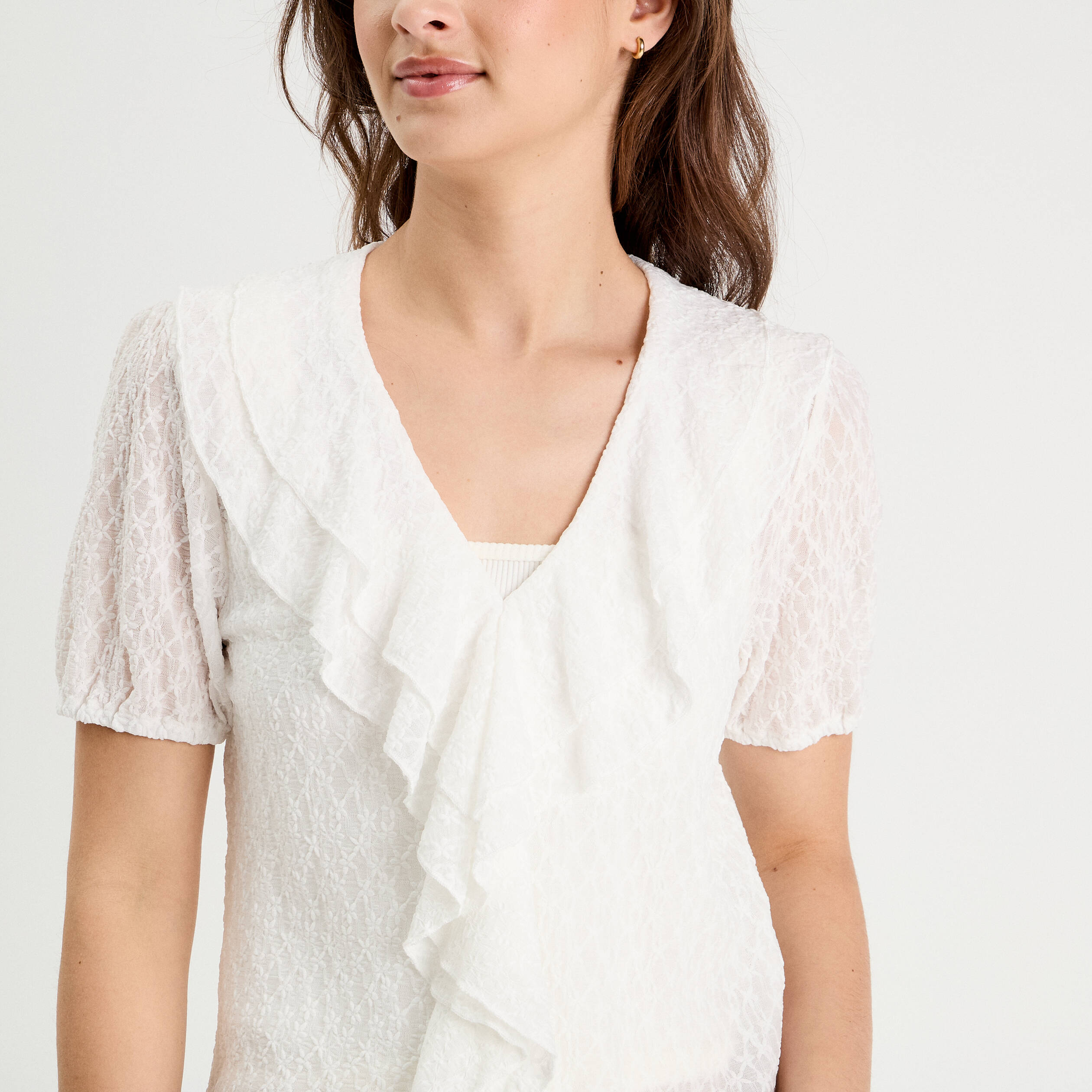 Blouse dentelle et volants blanc femme