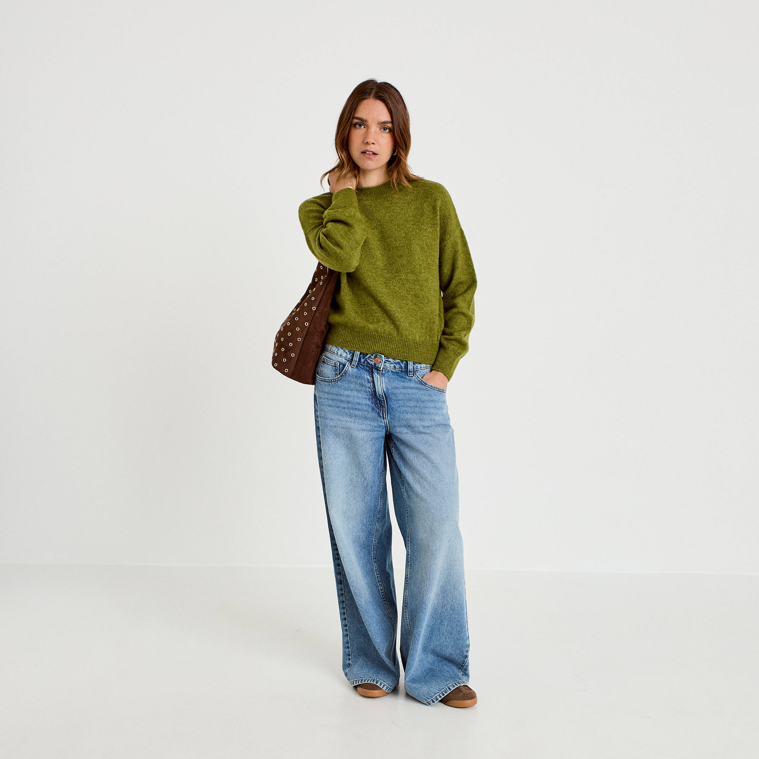 Pull col rond manches longues vert fonc&eacute; femme