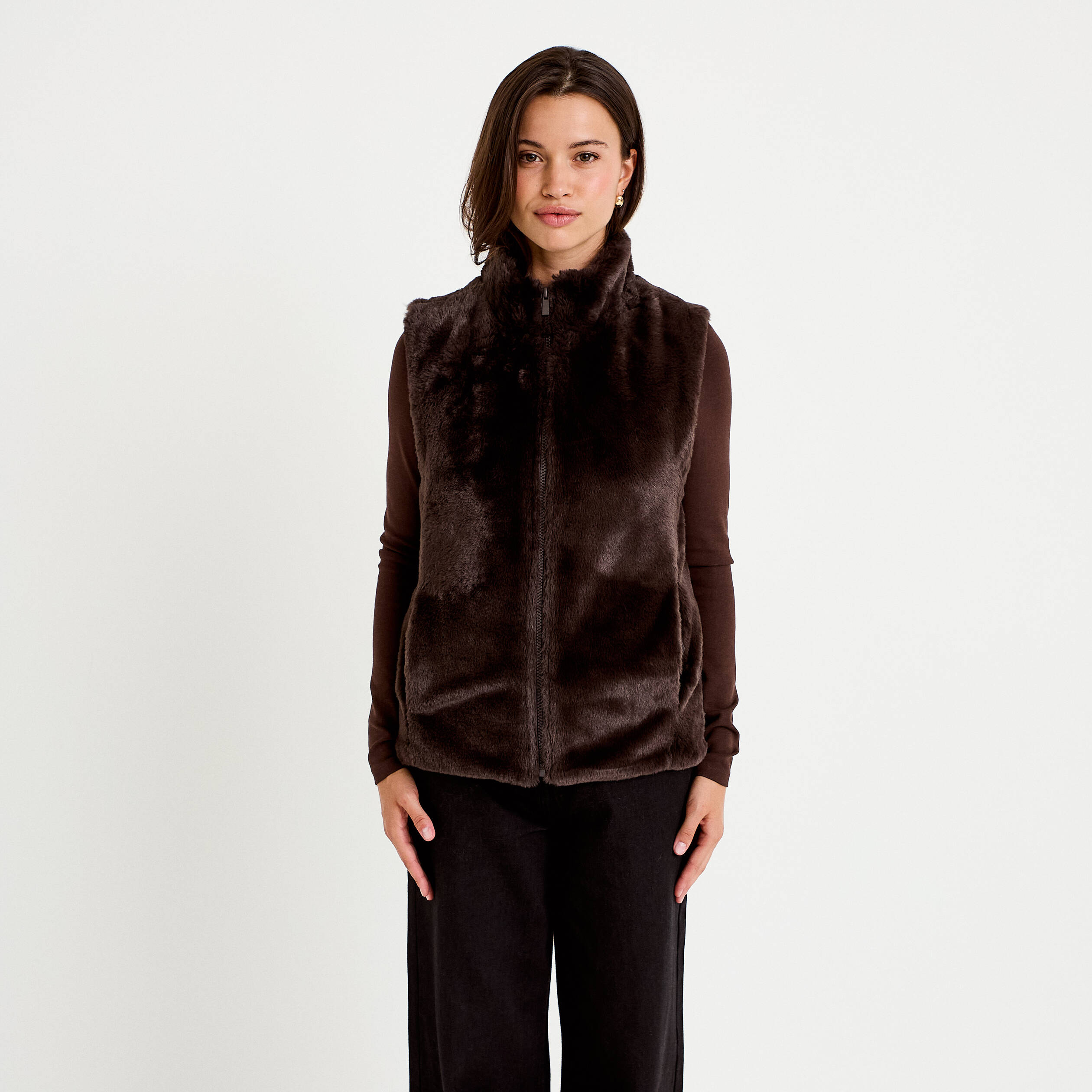 Veste sans manches fermeture zipp&eacute;e marron fonc&eacute; femme