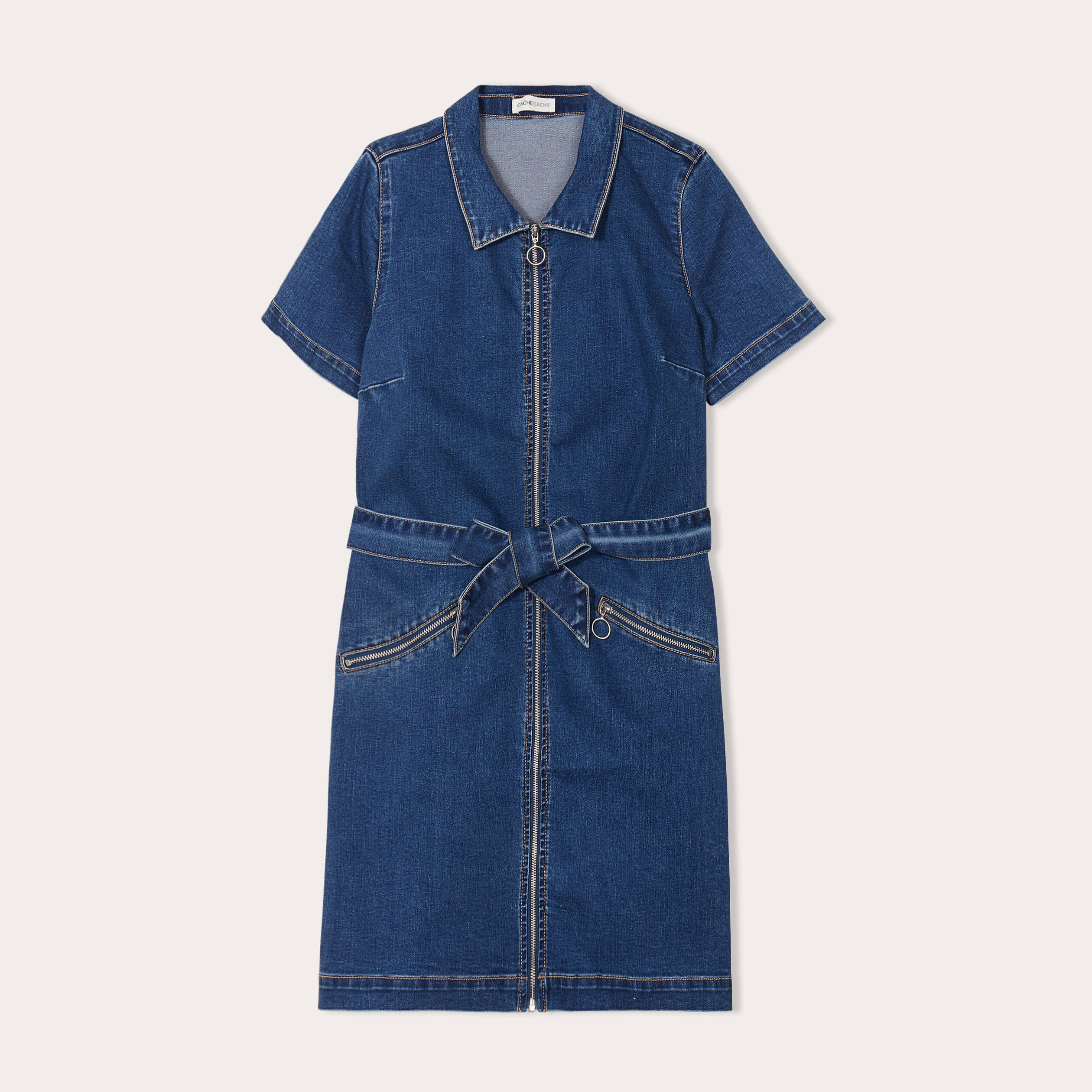 Robe droite en jean zipp&eacute;e denim stone femme