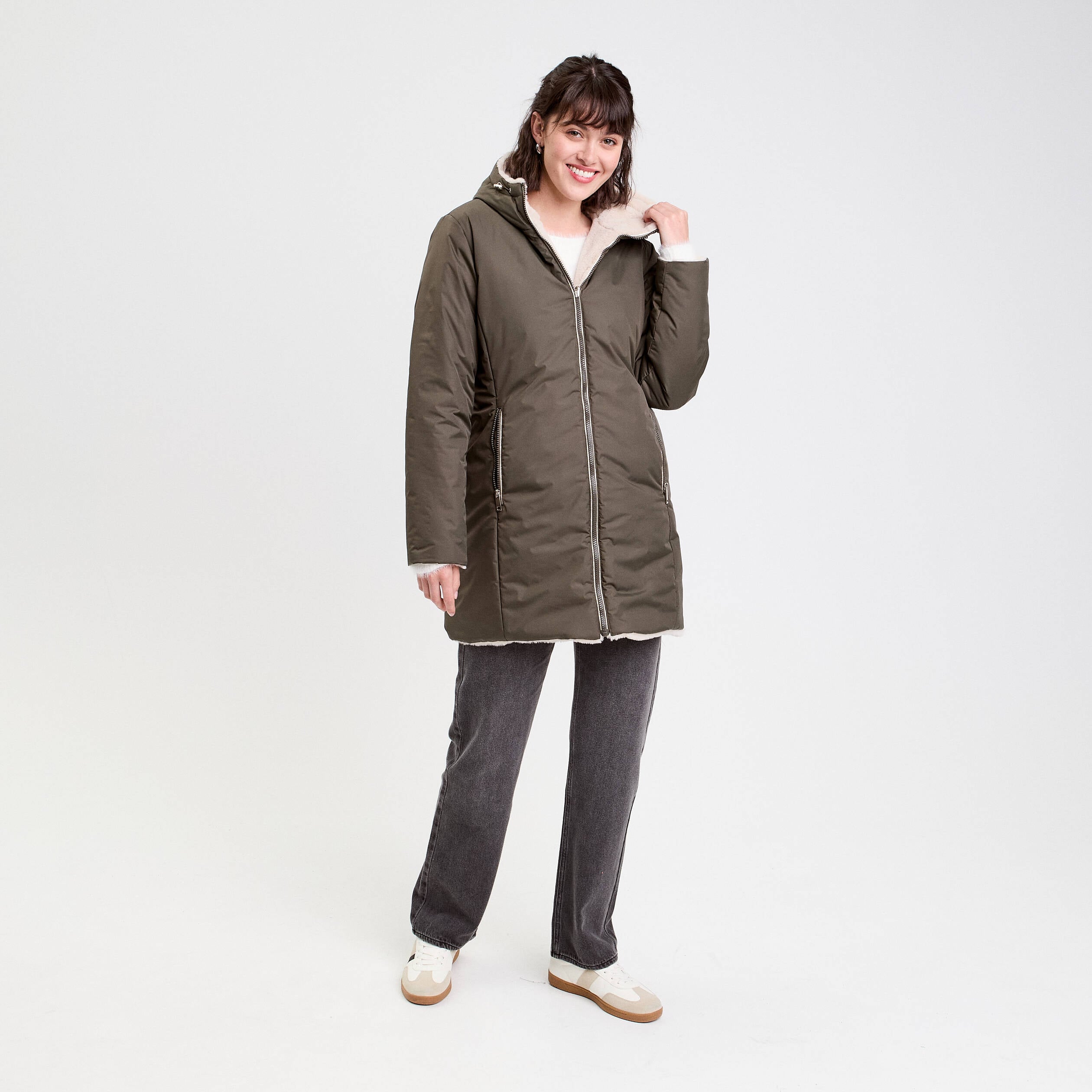 Parka r&eacute;versible &agrave; capuche vert kaki femme