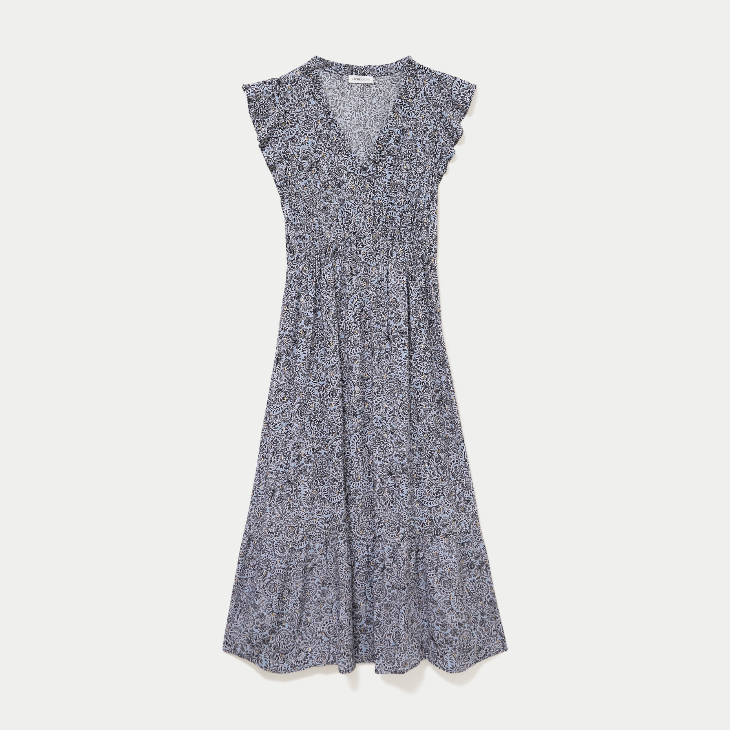 Robe longue &eacute;vas&eacute;e col v manches courtes bleu femme