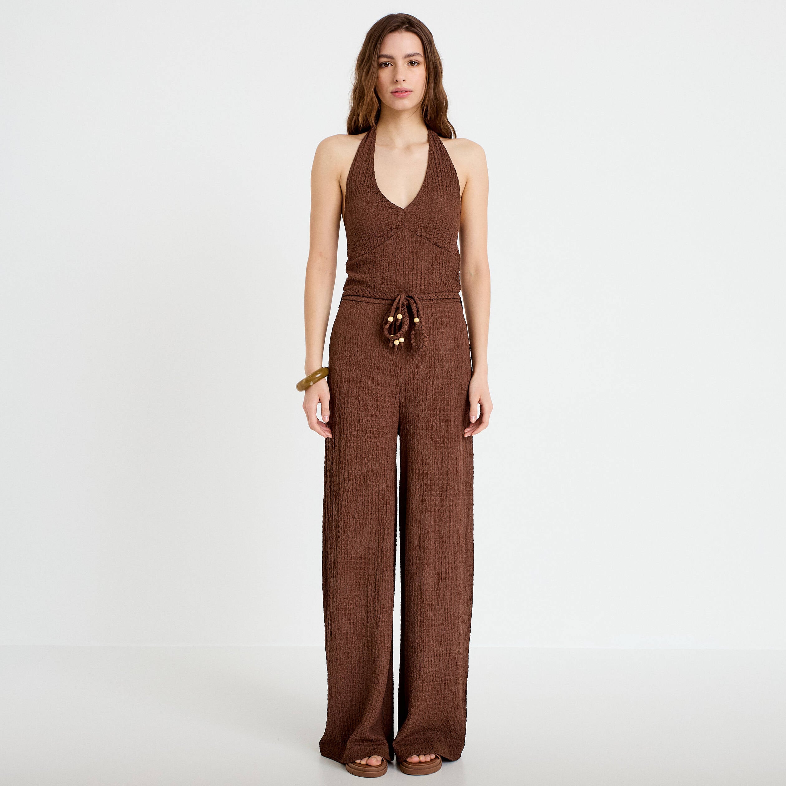 Combinaison large sans manches col v marron femme