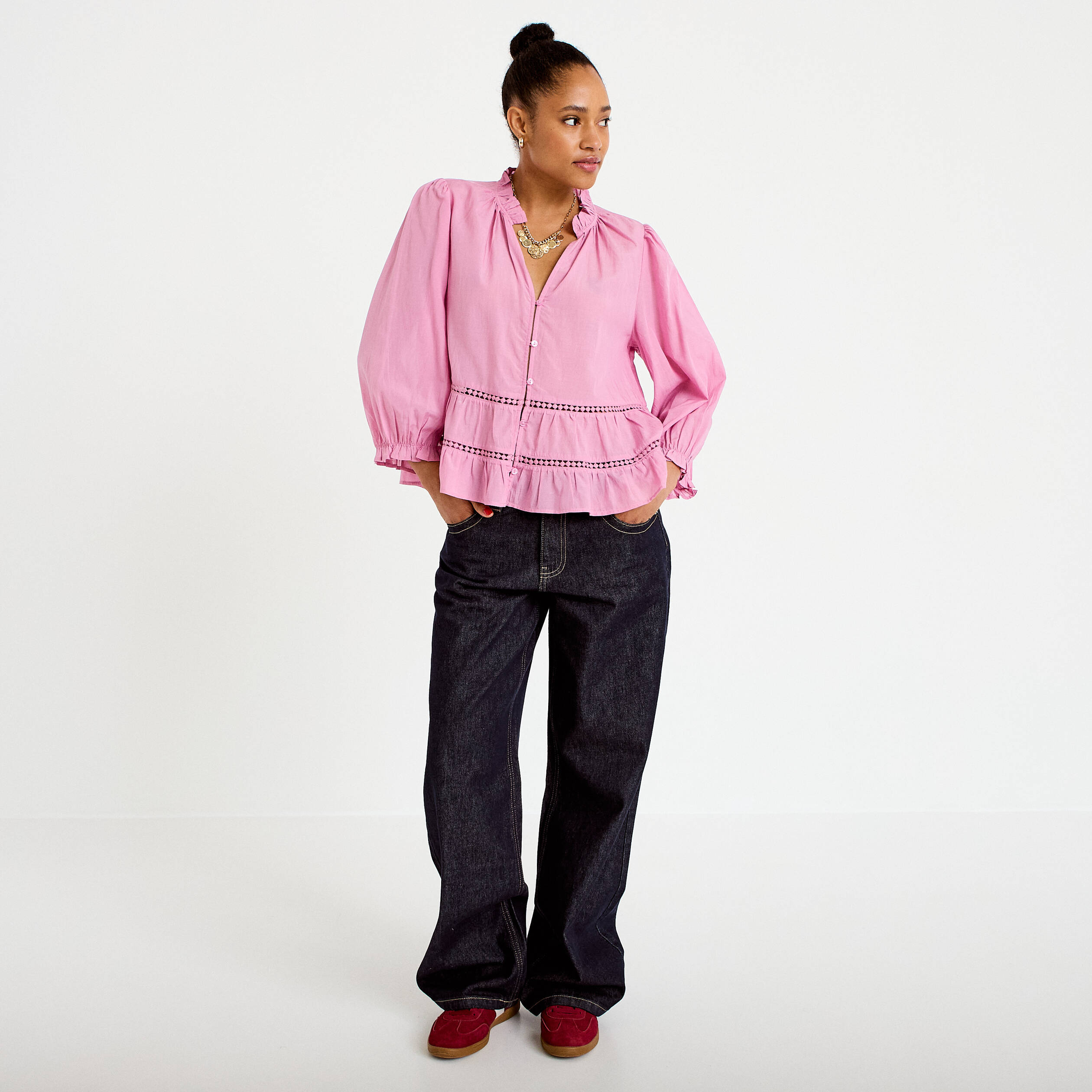 Blouse cintr&eacute;e col v manches 3/4 mauve femme