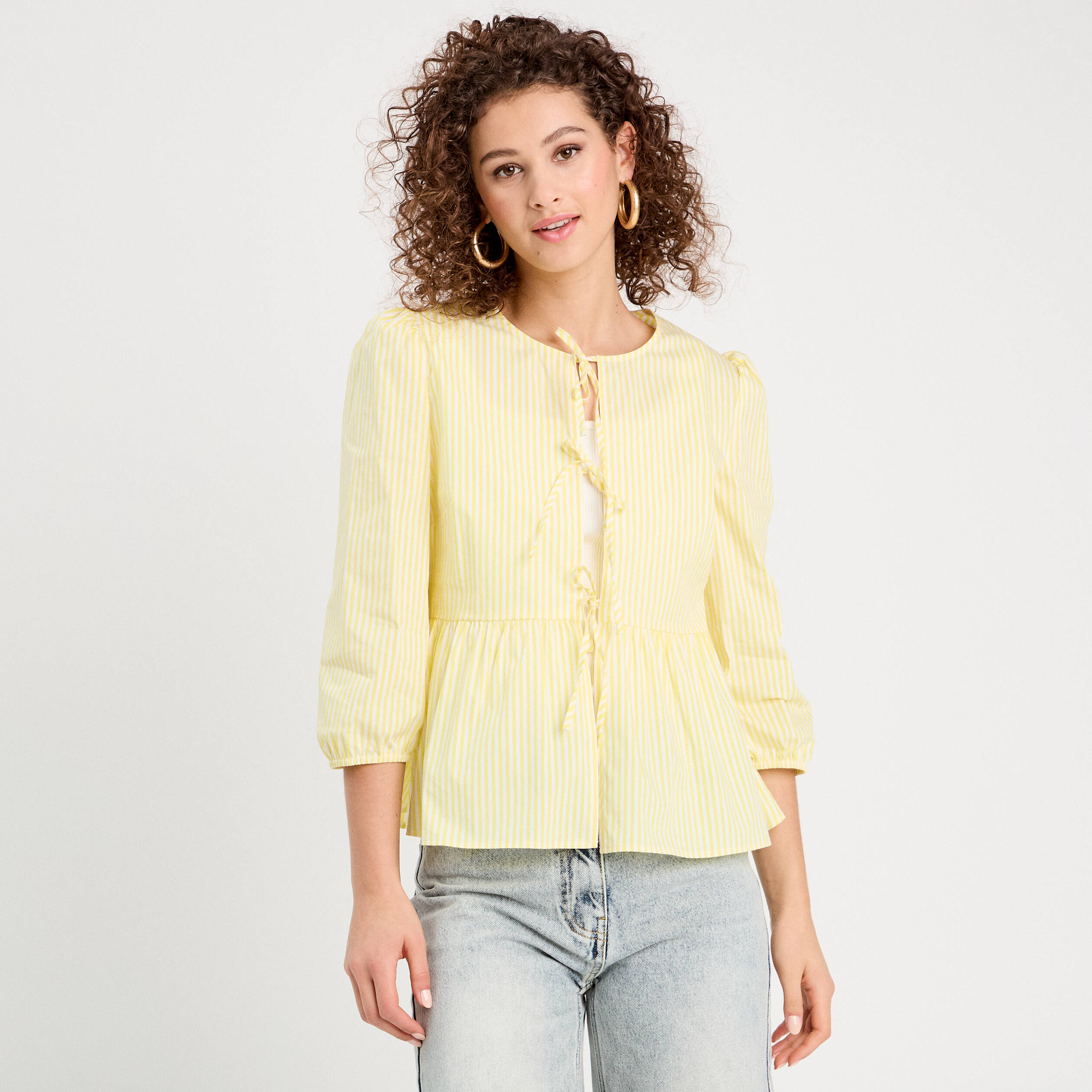 Blouse manches 3/4 nouée jaune moutarde femme