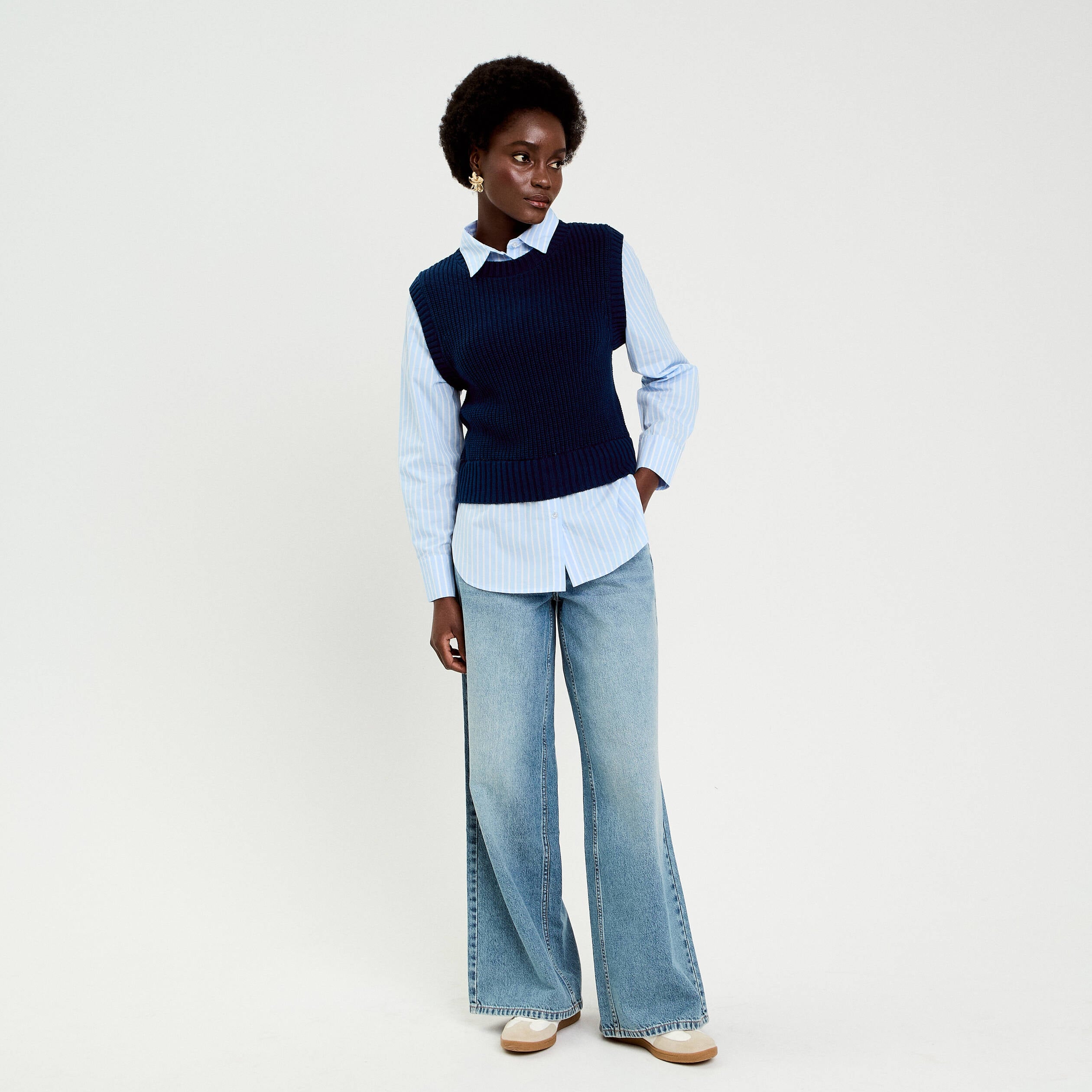 Pull chemise 2-en-1 bleu marine femme