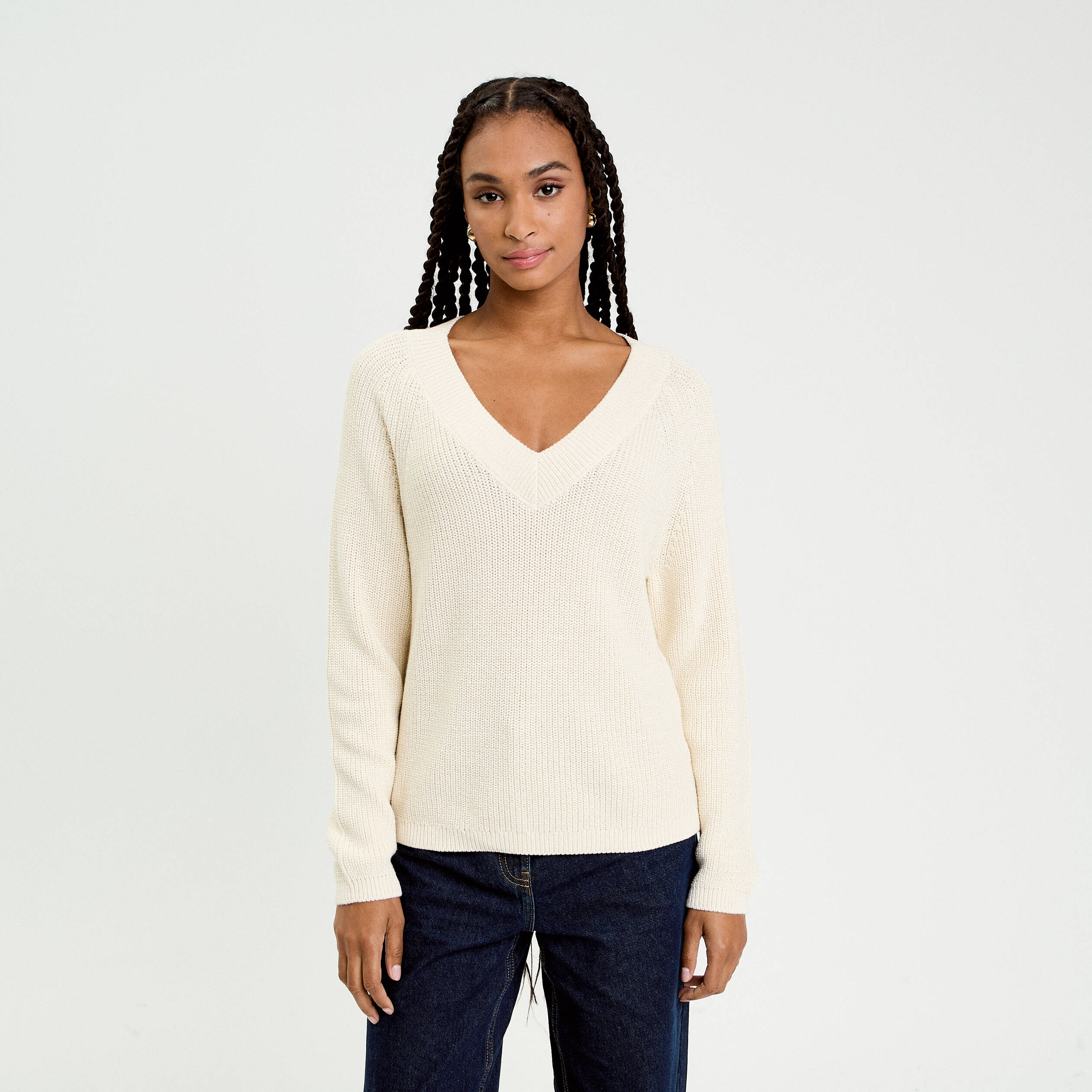 Pull col v manches longues ivoire femme