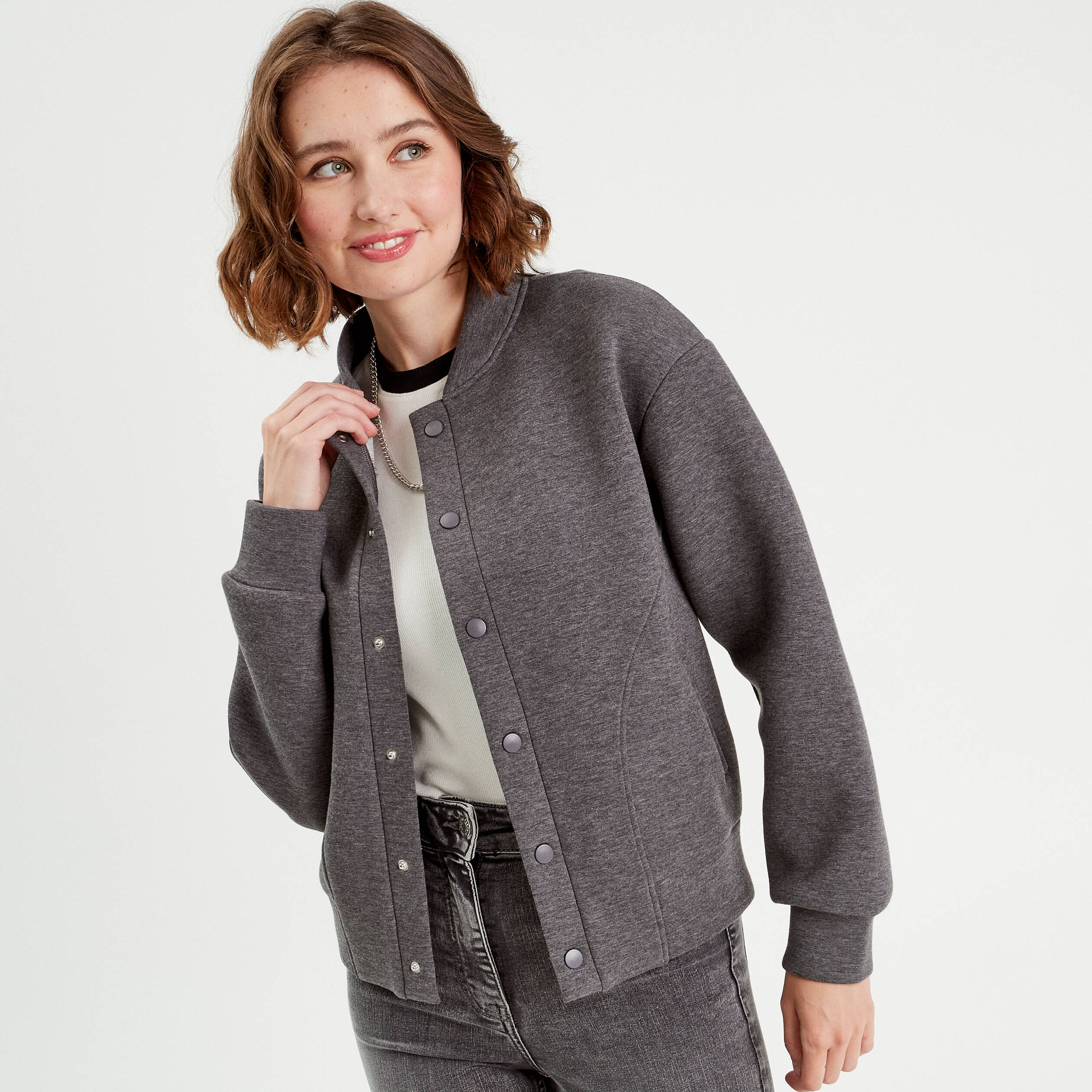 sweat boutonne col teddy gris fonce femme Sweat boutonné col teddy gris foncé femme