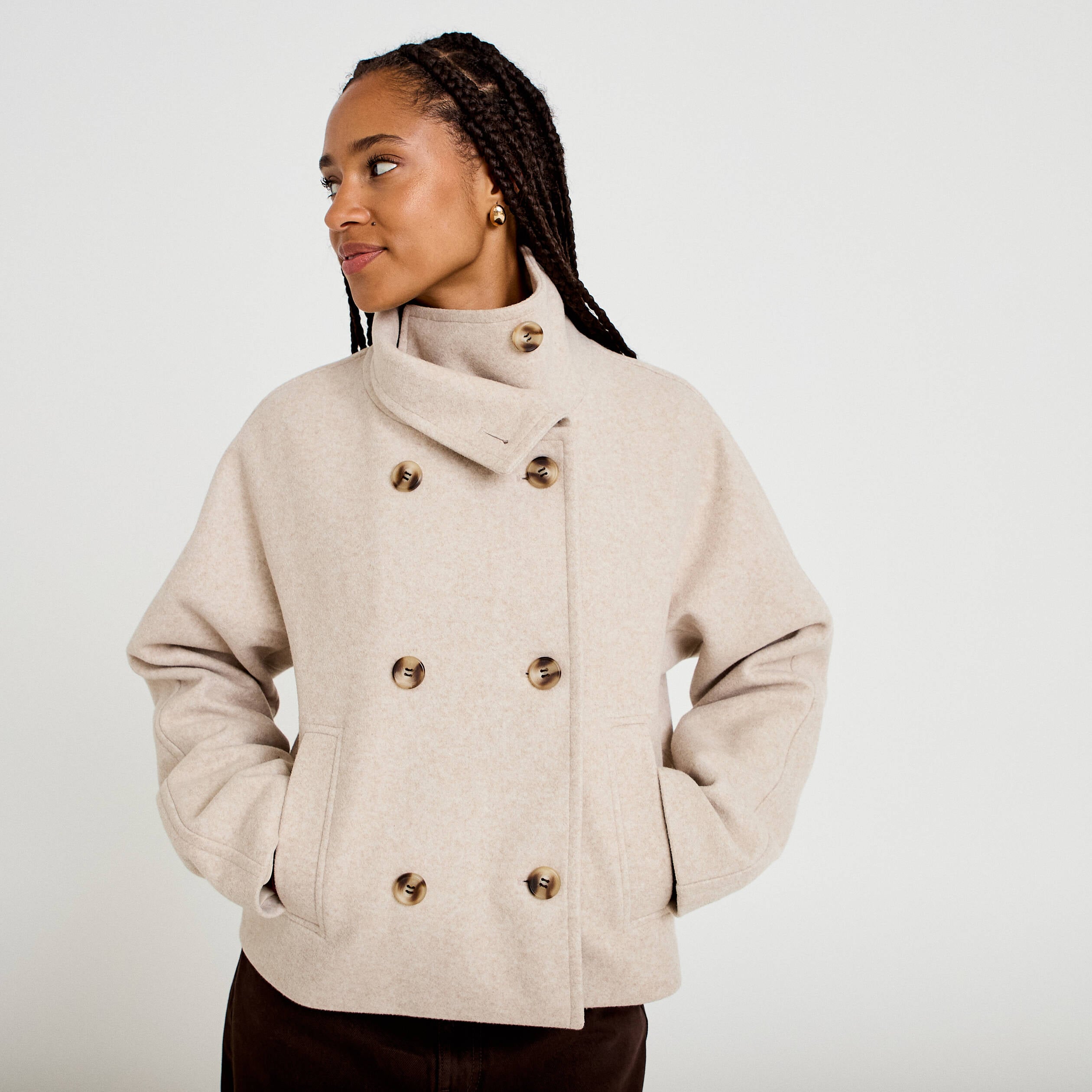 Caban court col montant beige femme