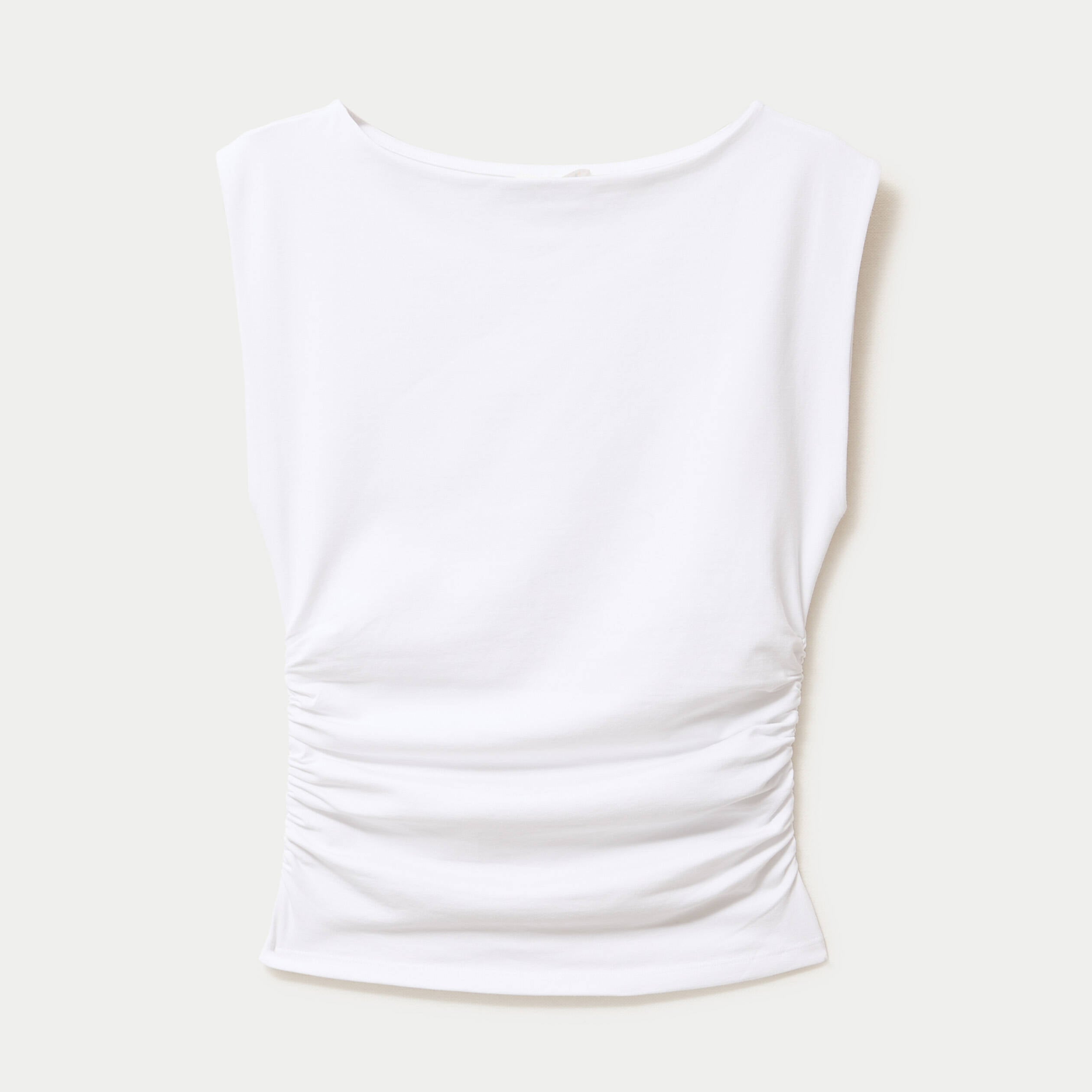 T-shirt ajust&eacute; col bateau sans manches blanc femme