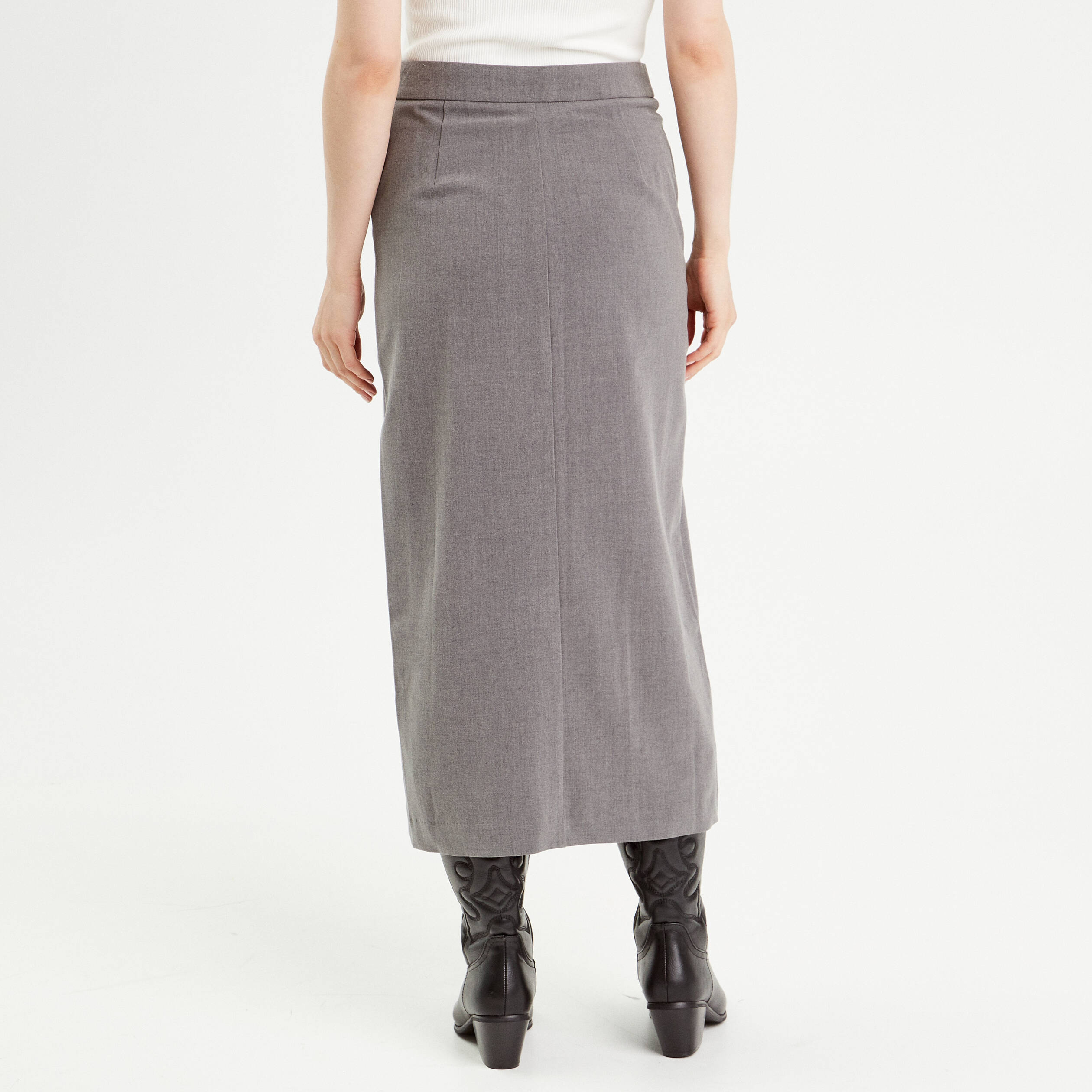 jupe midi droite fendue gris fonce femme Jupe midi droite fendue gris foncé femme