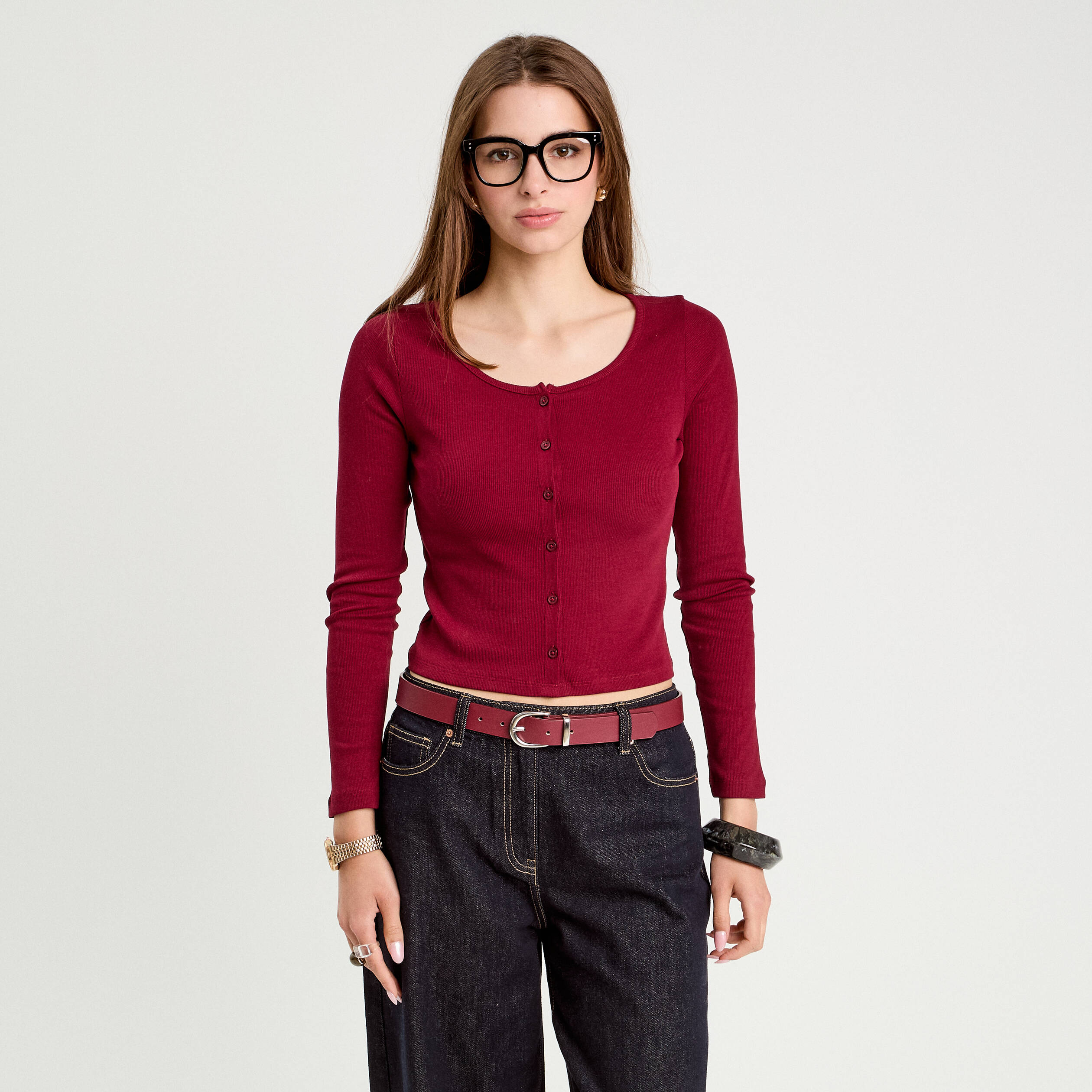 Gilet manches longues c&ocirc;tel&eacute; rouge fonc&eacute; femme