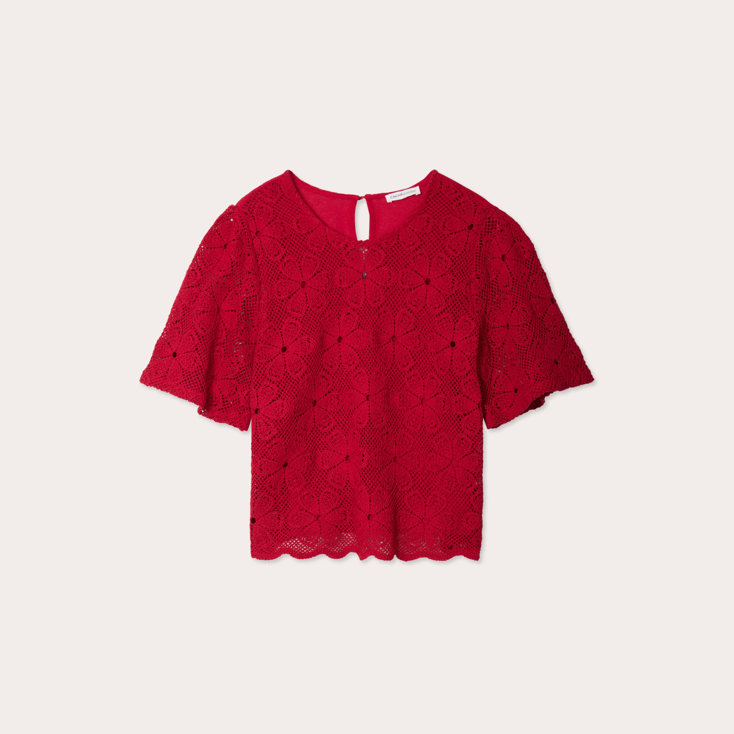 T-shirt dentelle macram&eacute; rouge femme