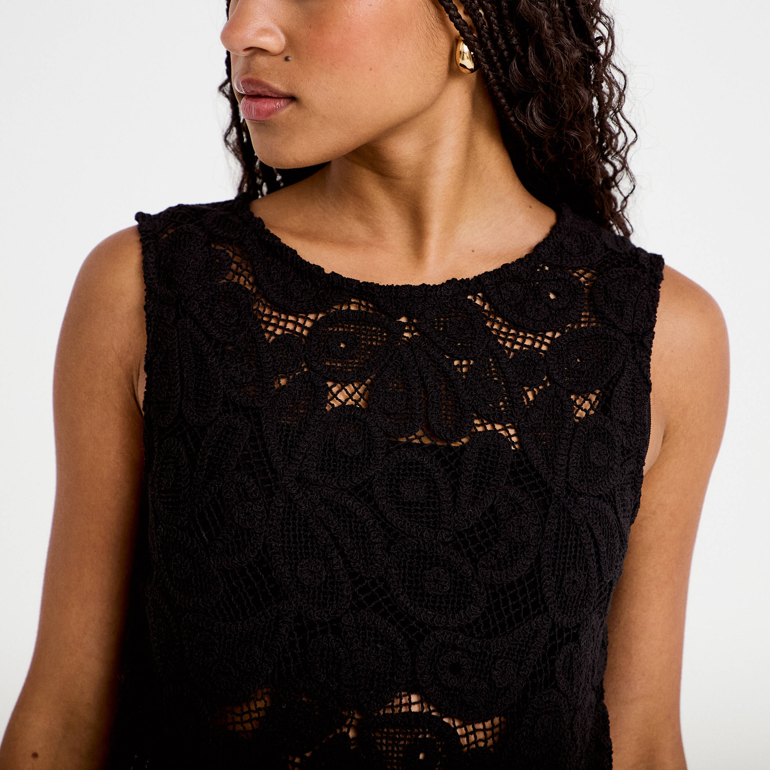 D&eacute;bardeur col rond aspect dentelle noir femme