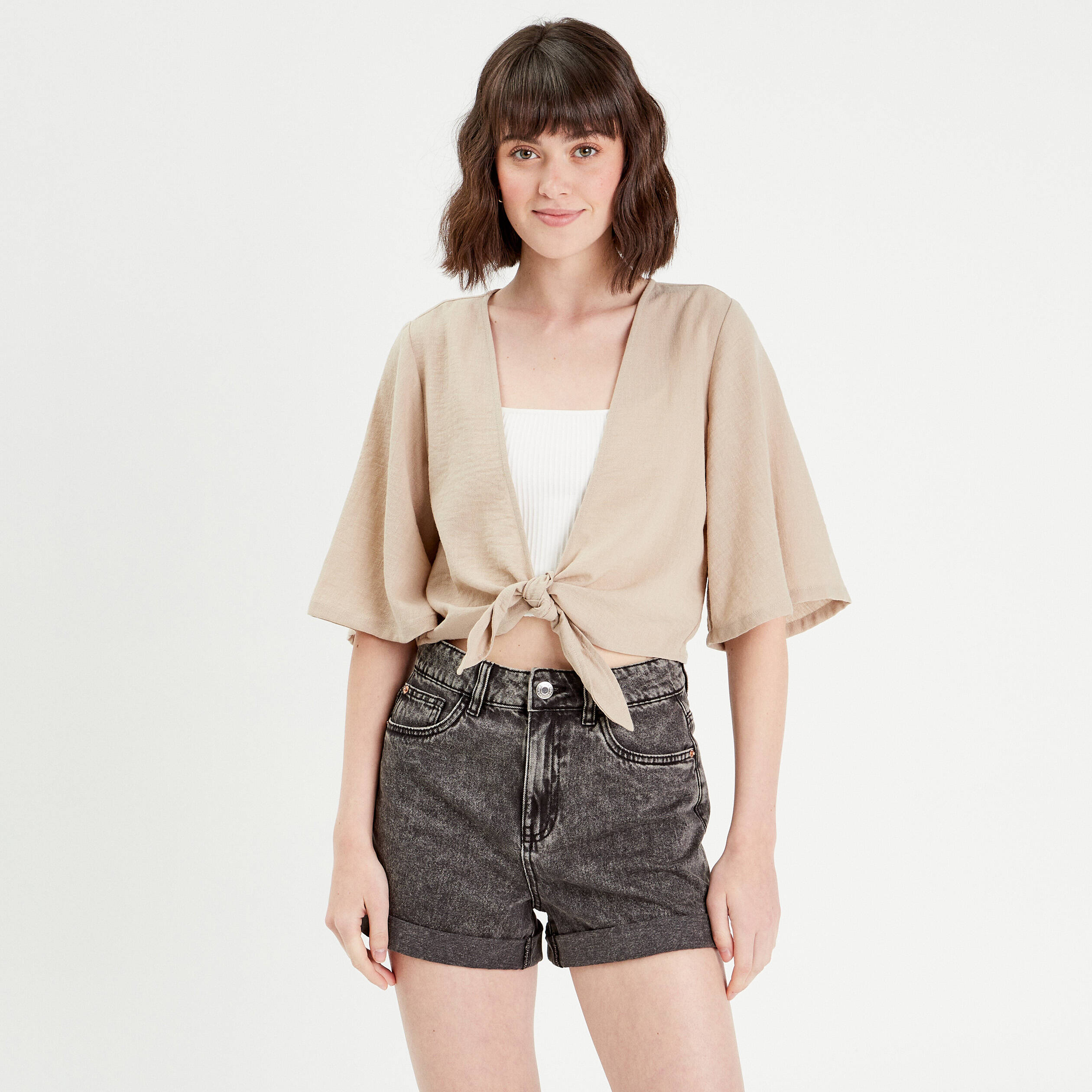 Blouse manches 3/4 nou&eacute;e beige femme