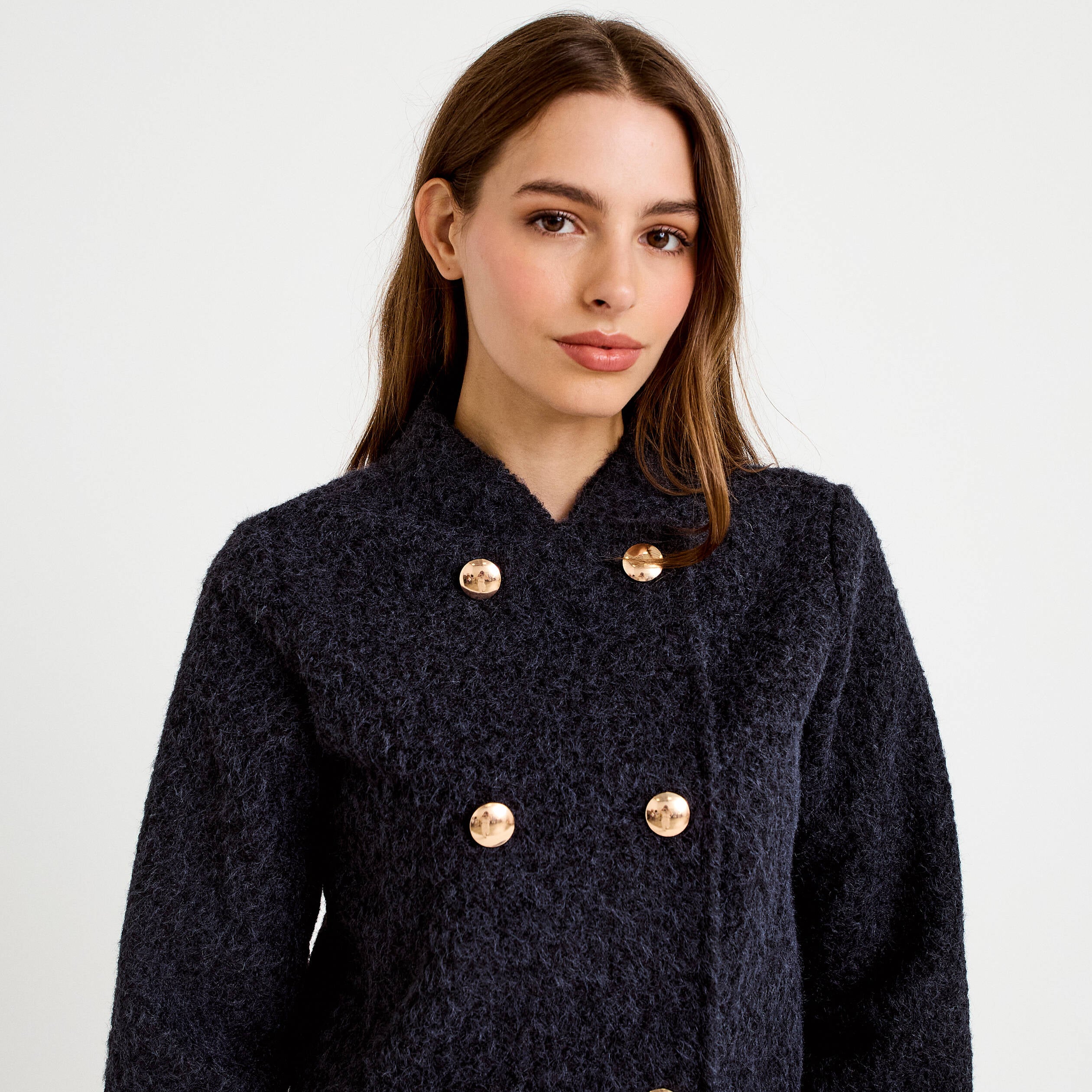 Veste droite cropped effet polaire bleu marine femme