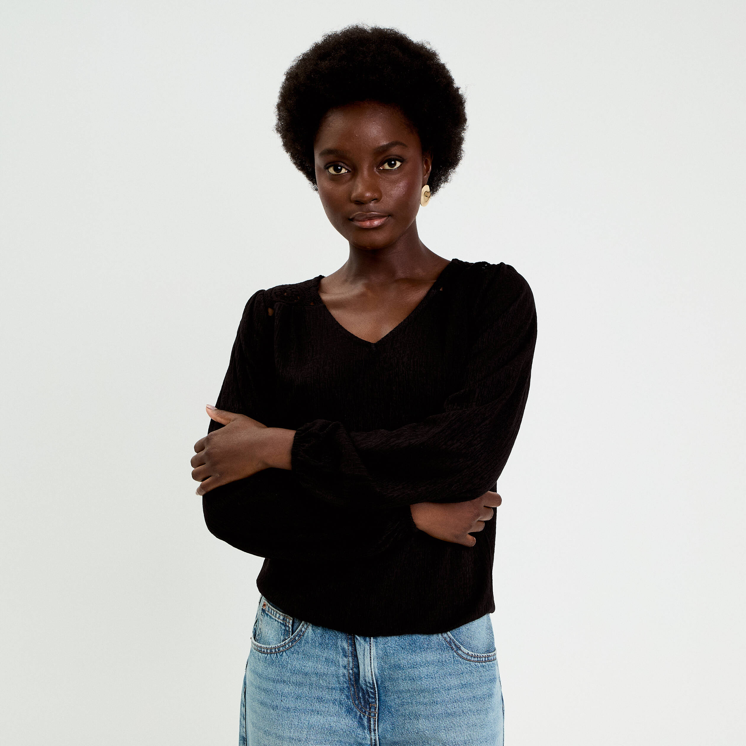 Blouse macram&eacute; bas &eacute;lastiqu&eacute; noir femme
