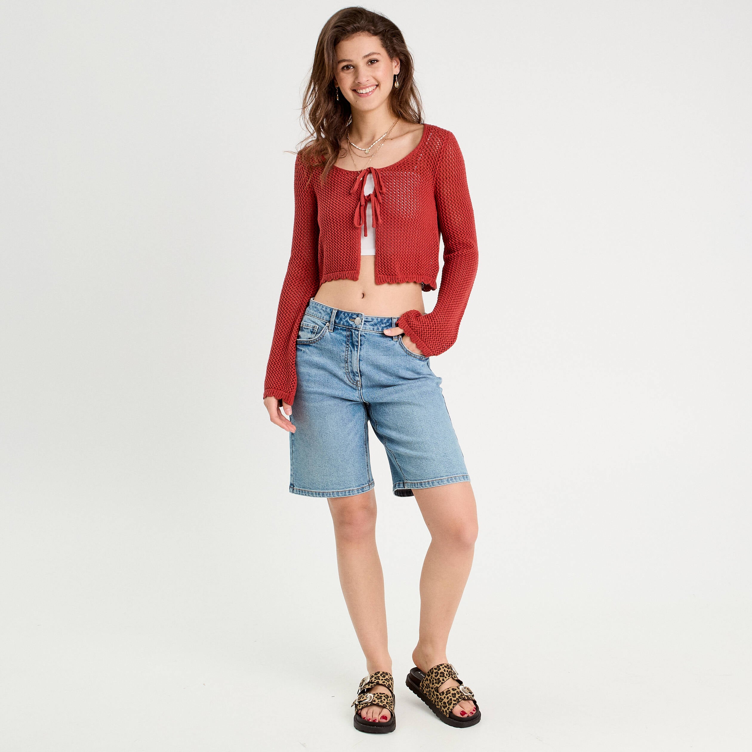 Gilet nou&eacute; court rouge femme