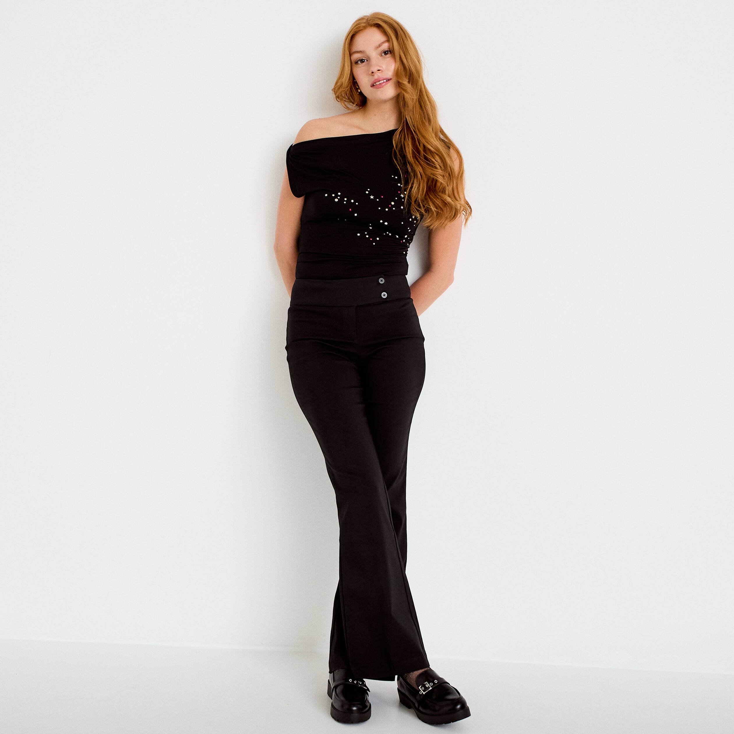 Pantalon bootcut taille basse noir femme