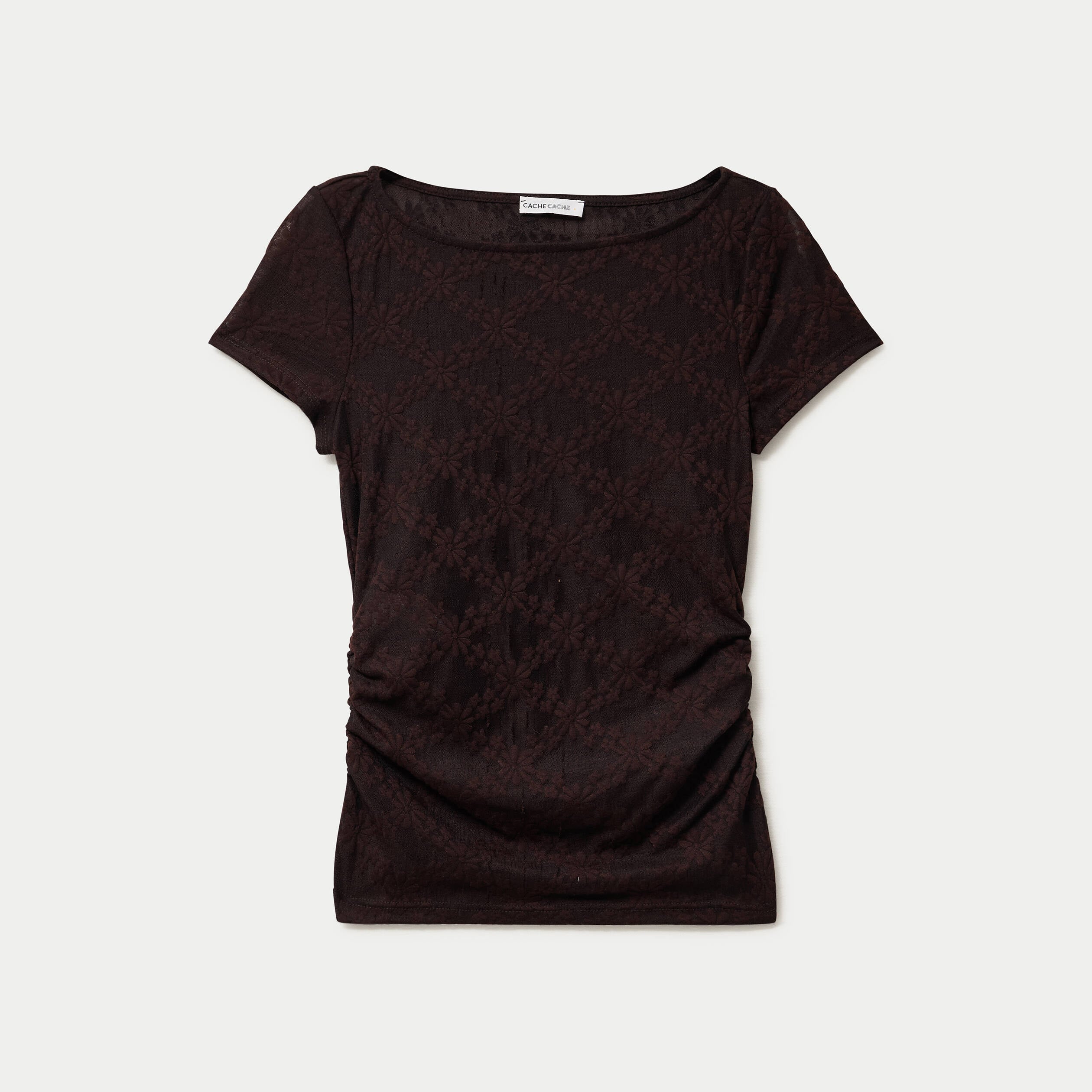 T-shirt ajust&eacute; dentelle col bateau marron fonc&eacute; femme