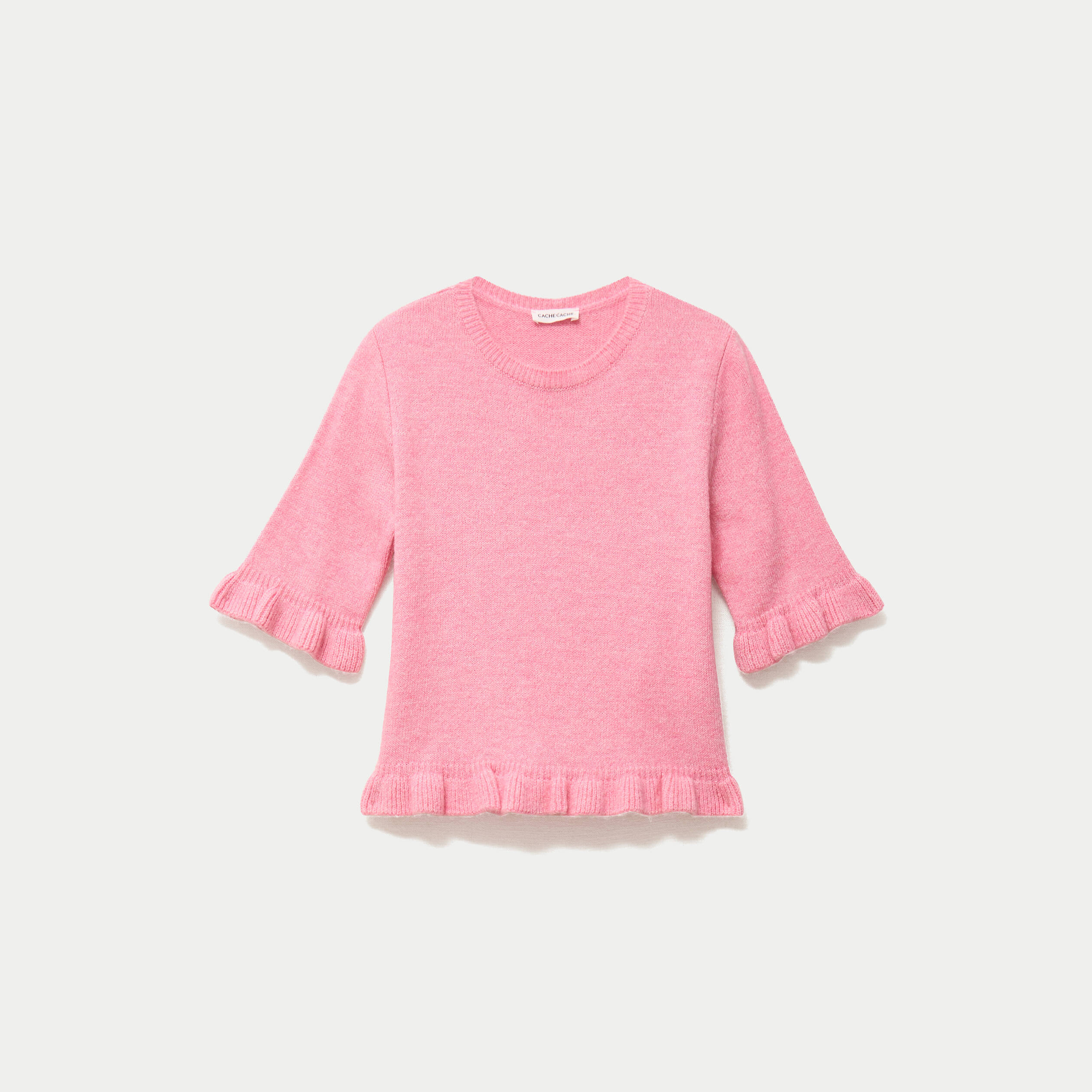 Pull col rond manches courtes rose clair femme