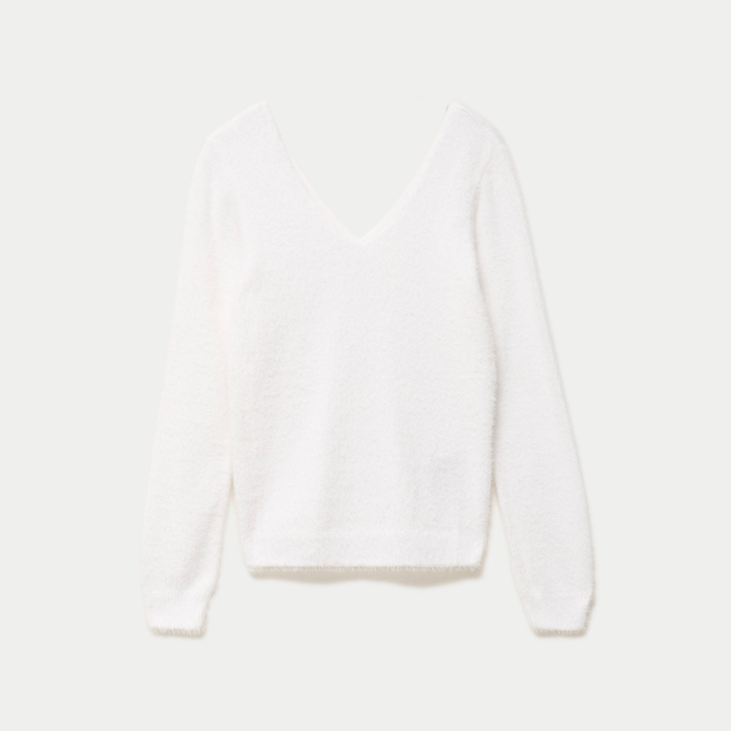 Pull col v manches longues perles ecru femme