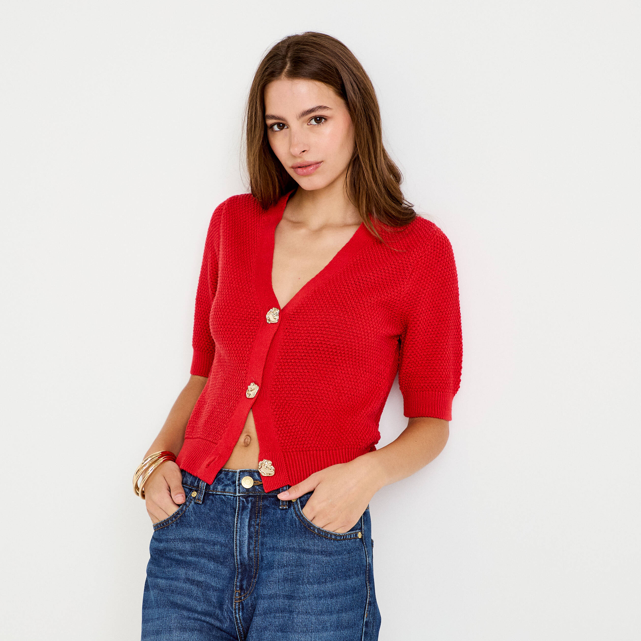Gilet col v manches courtes rouge femme