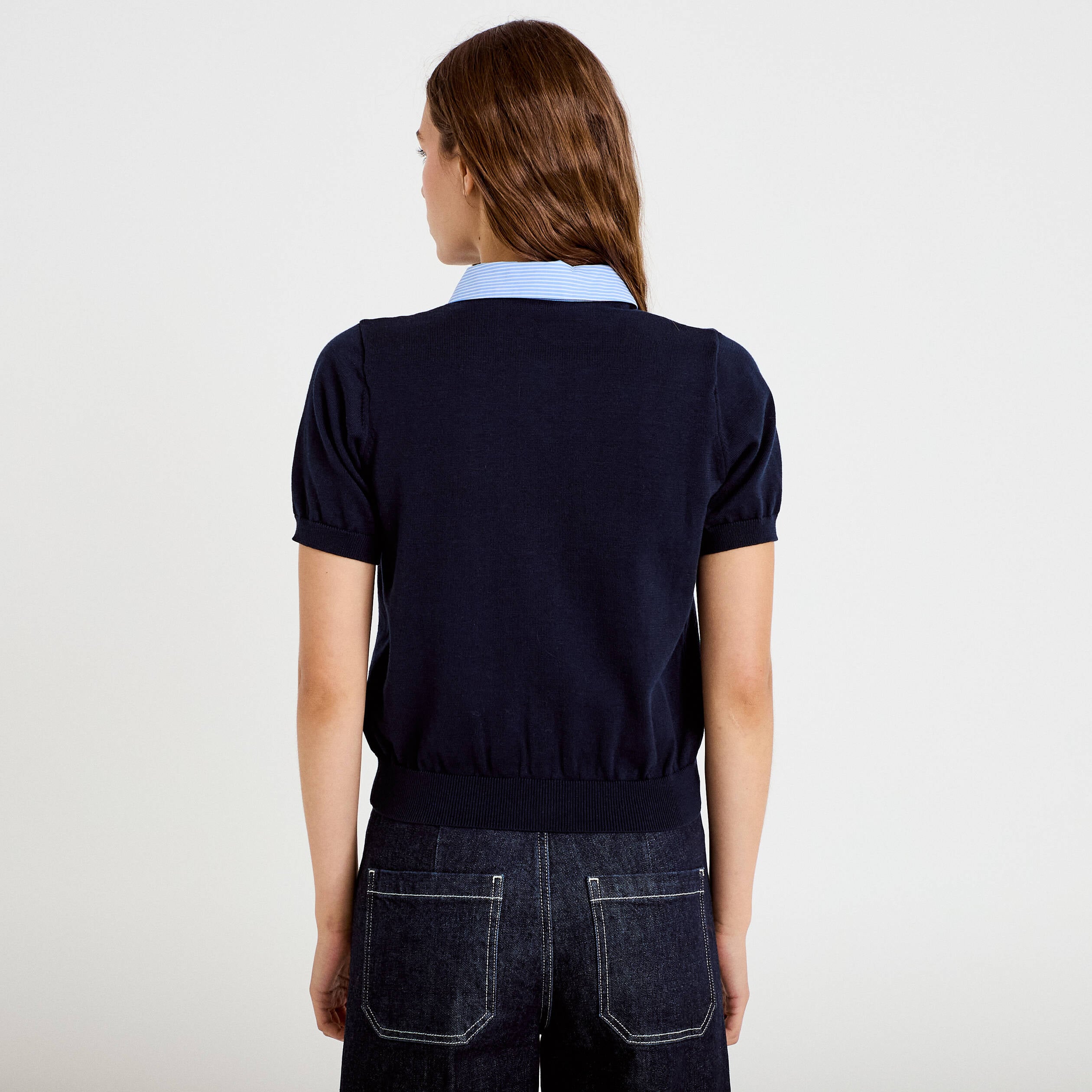 Polo col chemise manches courtes bleu marine femme