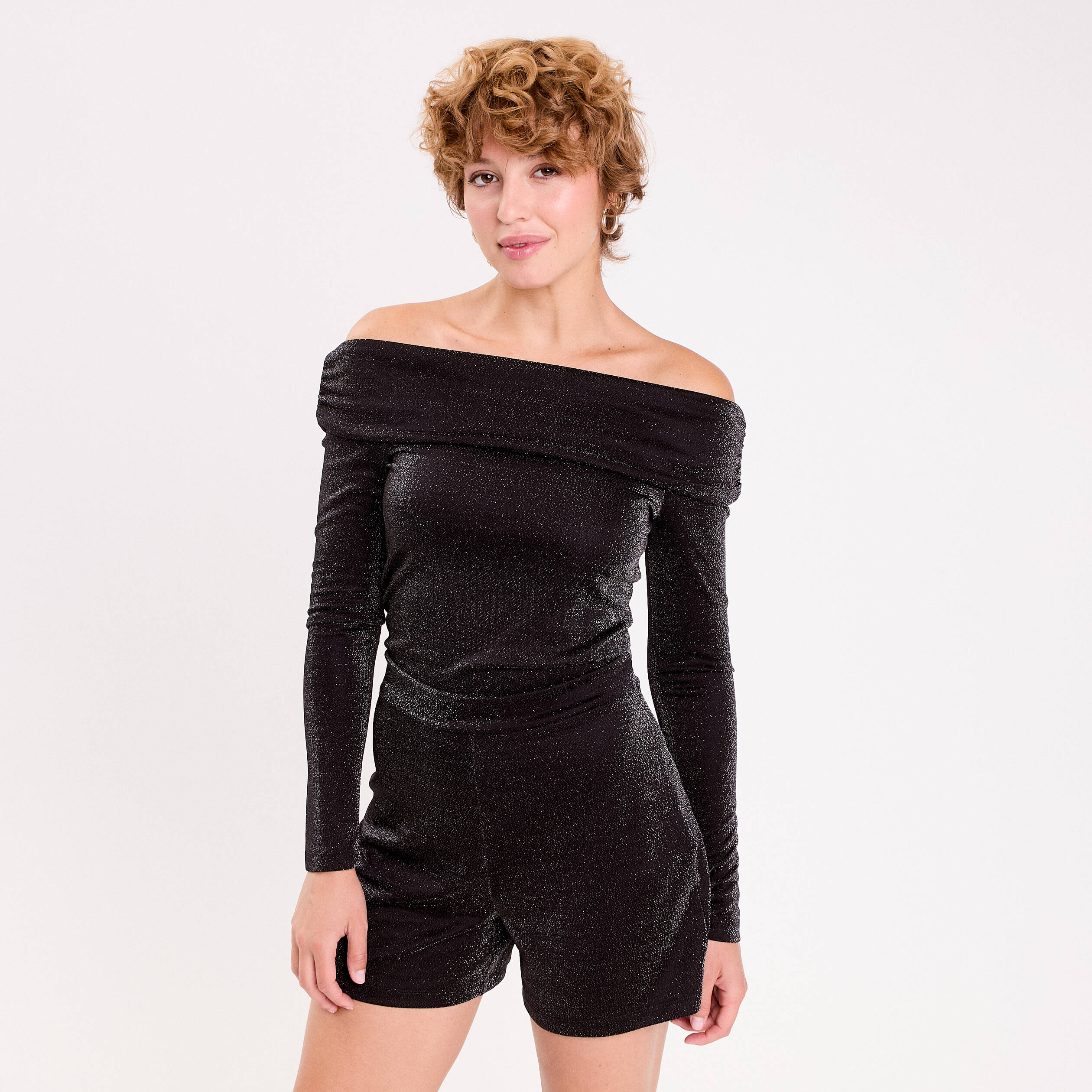 Combishort col bardot fils m&eacute;tallis&eacute;s noir femme