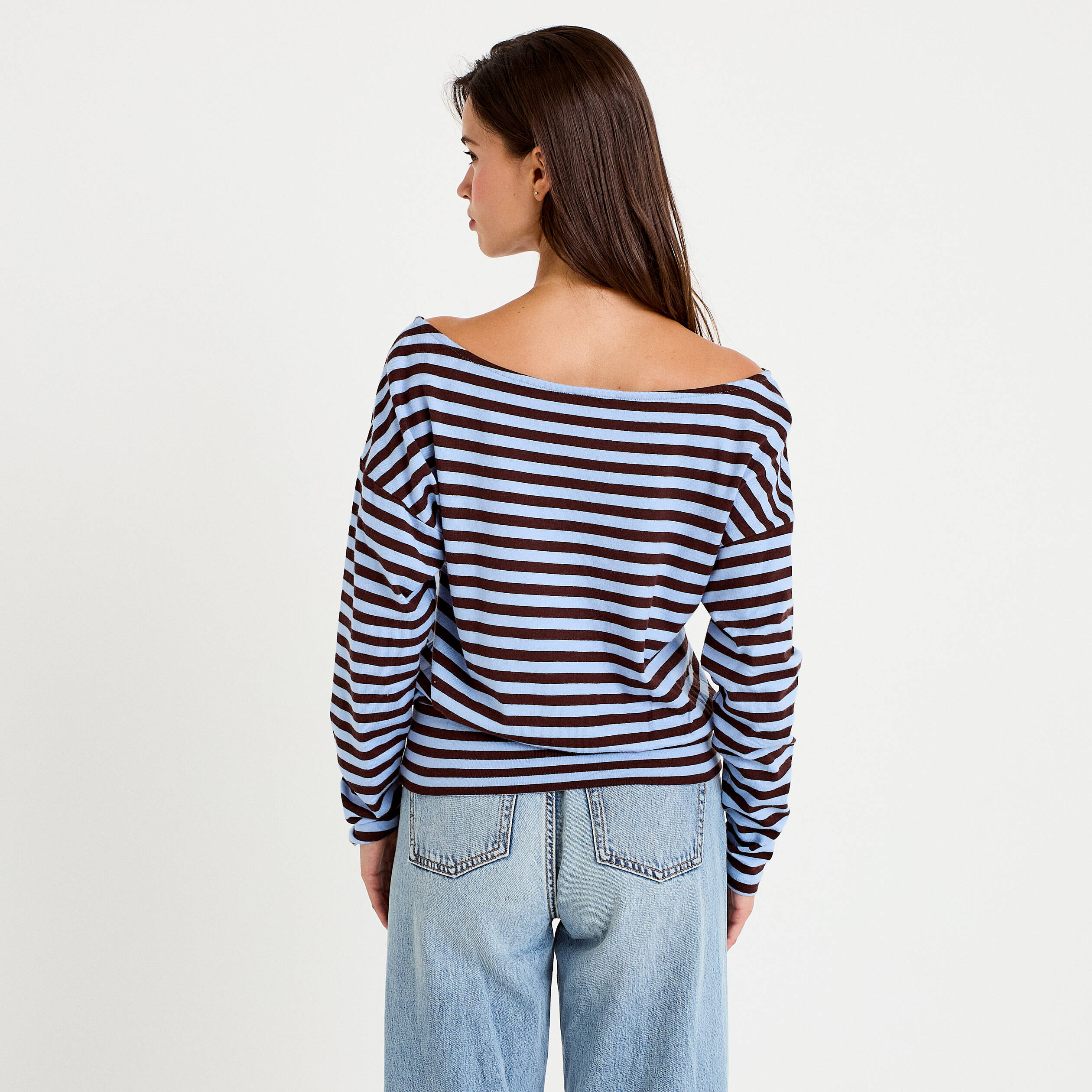 Pull col bateau manches longues bleu femme