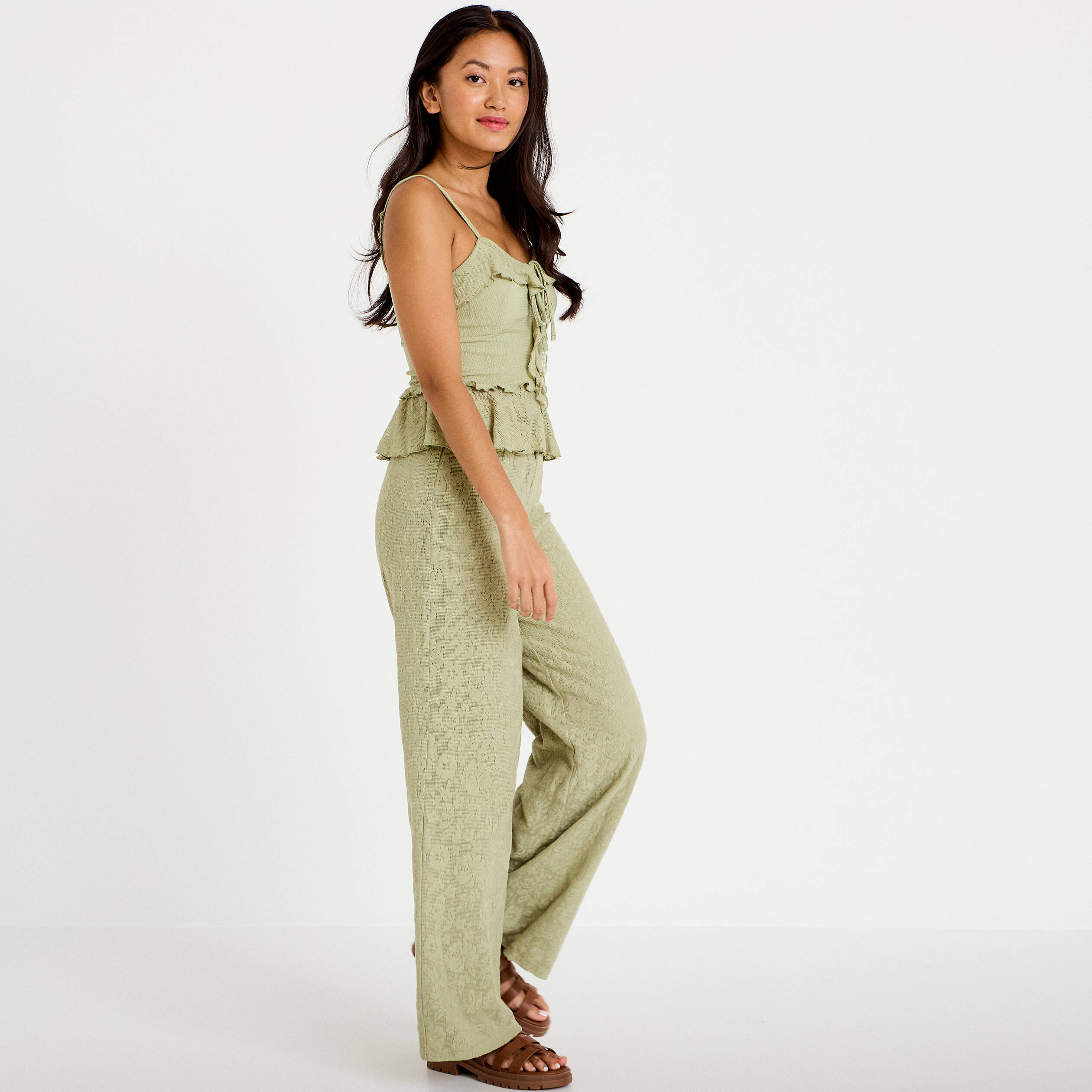 Pantalon large taille haute vert kaki femme