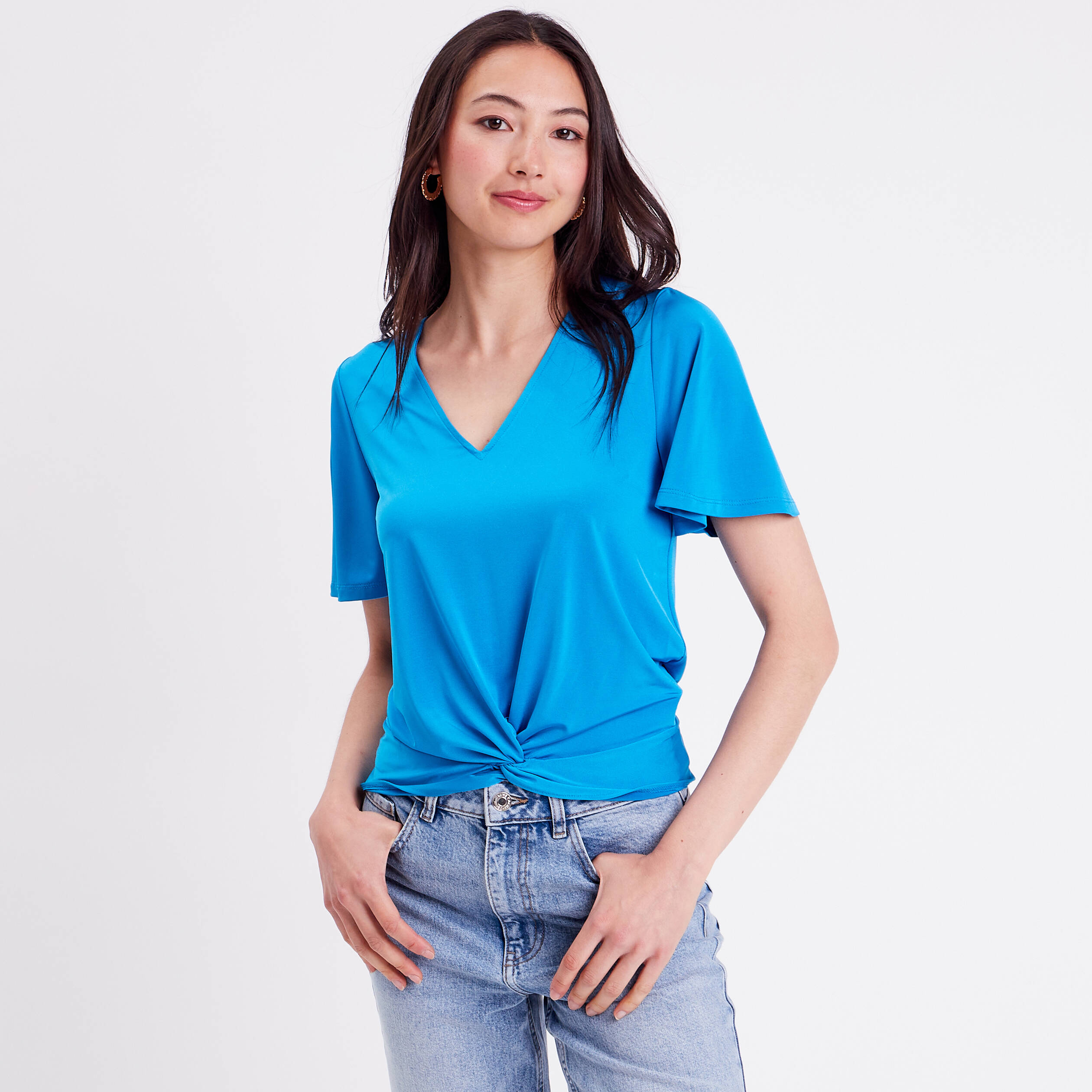 Blouse satin taille nou e bleu femme Vibs