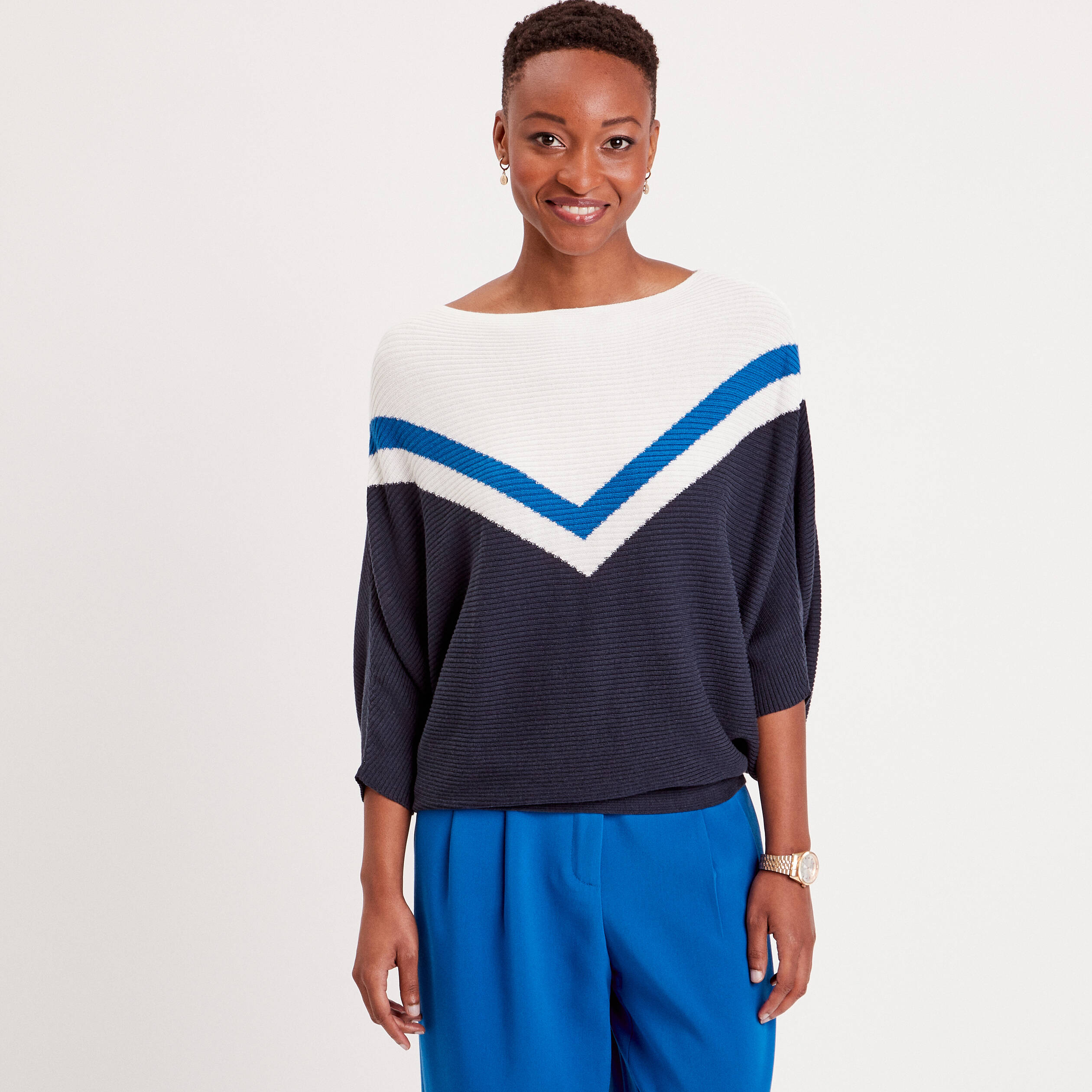 pull manches 34 chauve souris bleu marine femme Pull manches 3/4 chauve-souris bleu marine femme