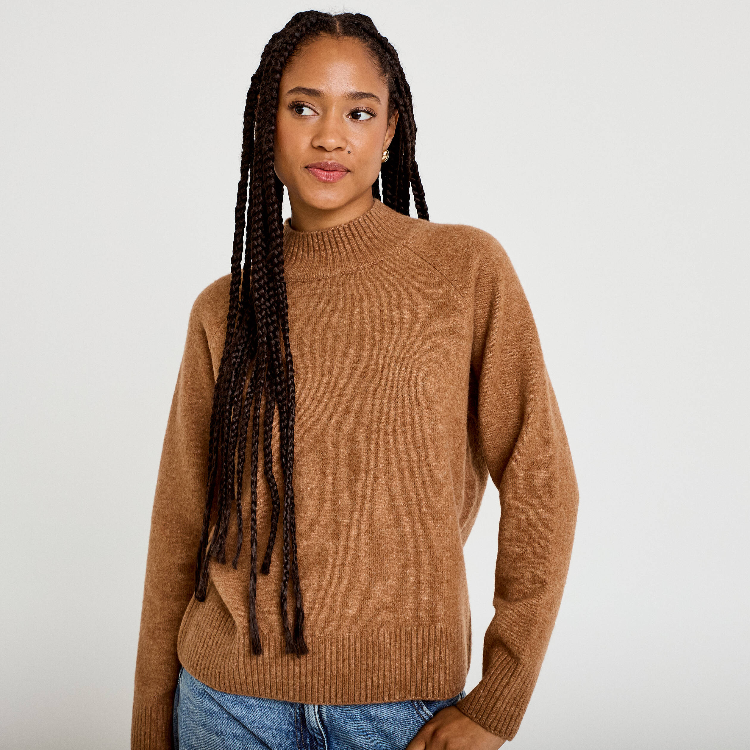 Pull col montant manches longues camel femme